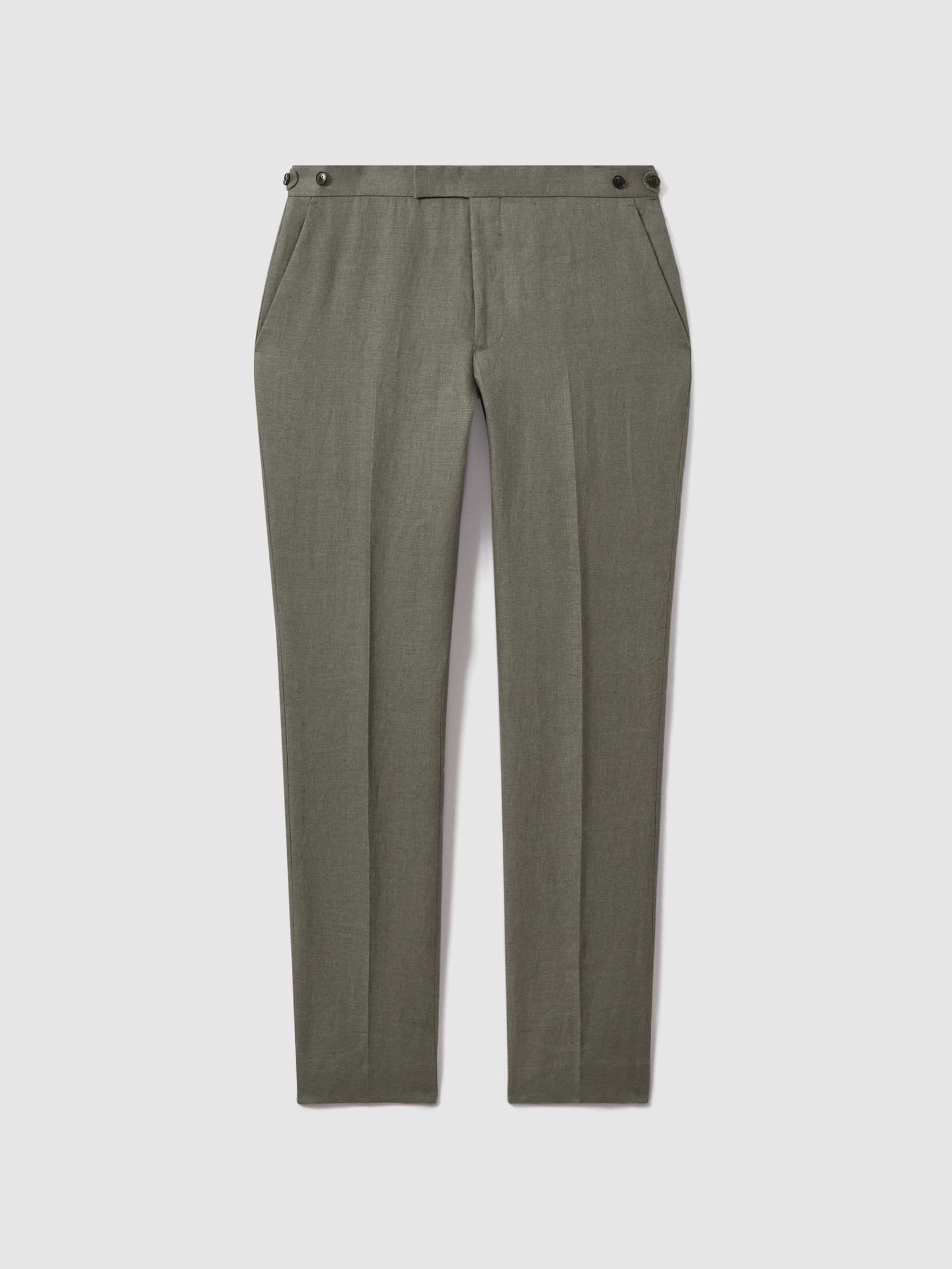 Halgas Dark Sage 100% Linen Side Adjuster Slim Fit Trousers