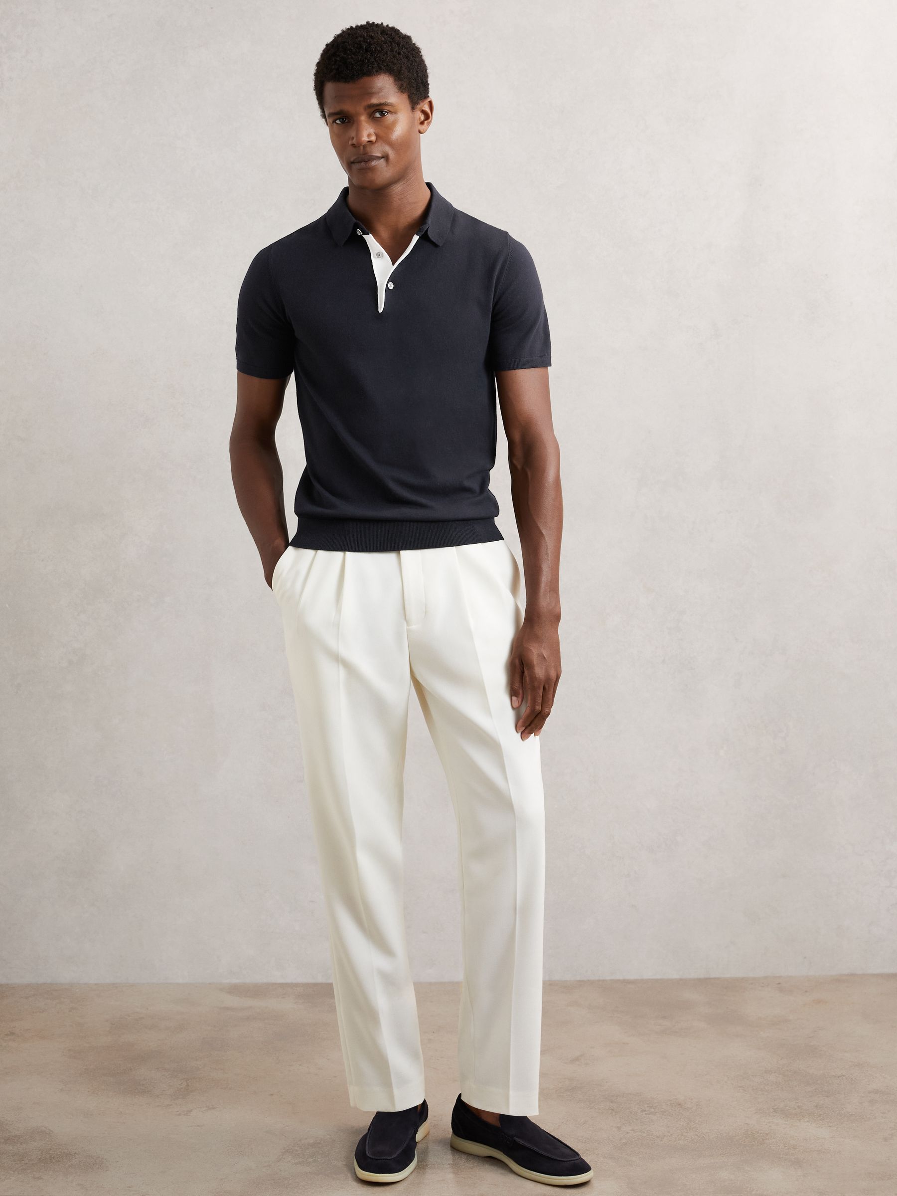 Contrast-Placket Polo Shirt With Cotton in Navy