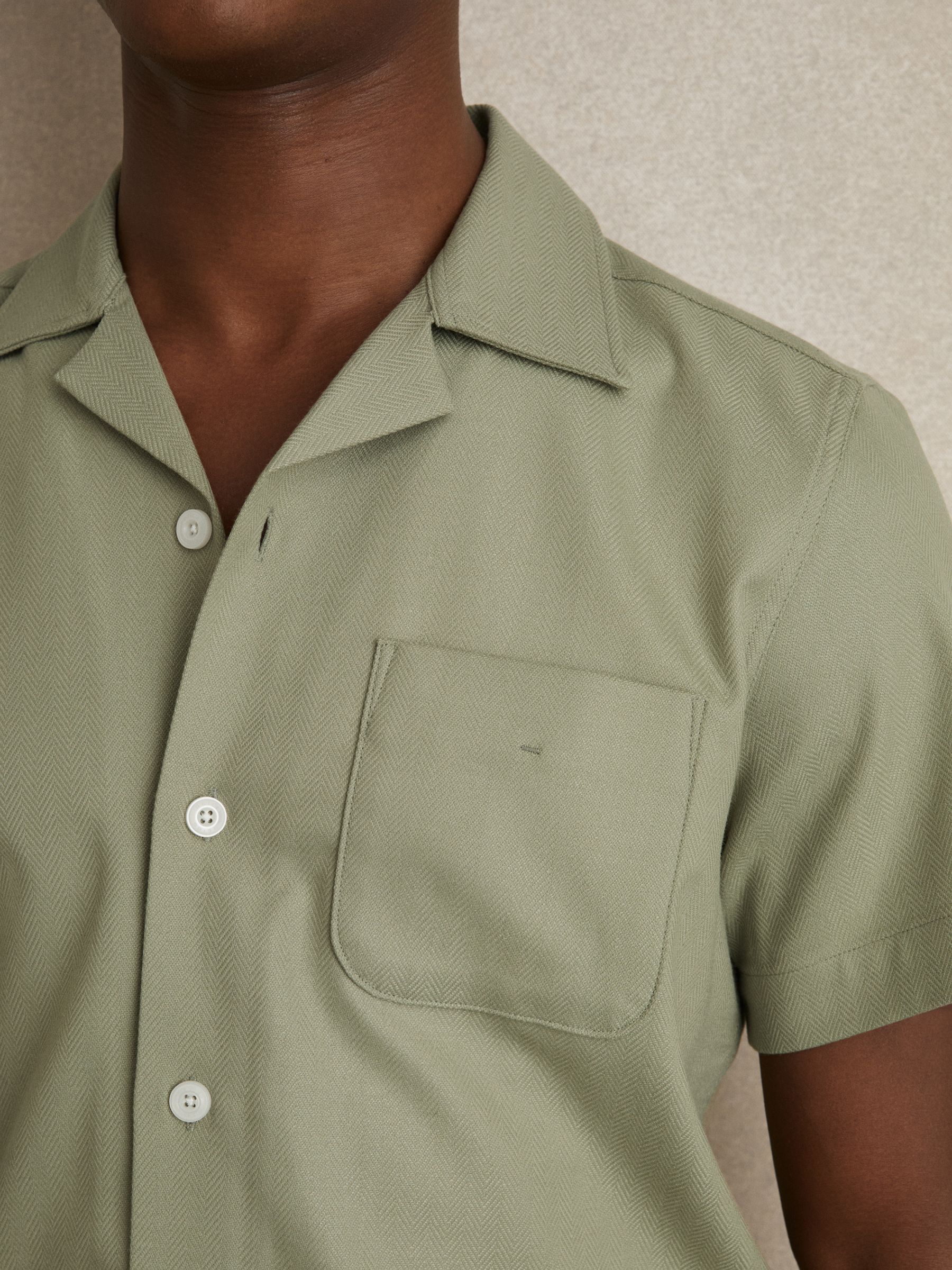 Herringbone Twill Cuban Collar Short Sleeve Shirt in Sage Green