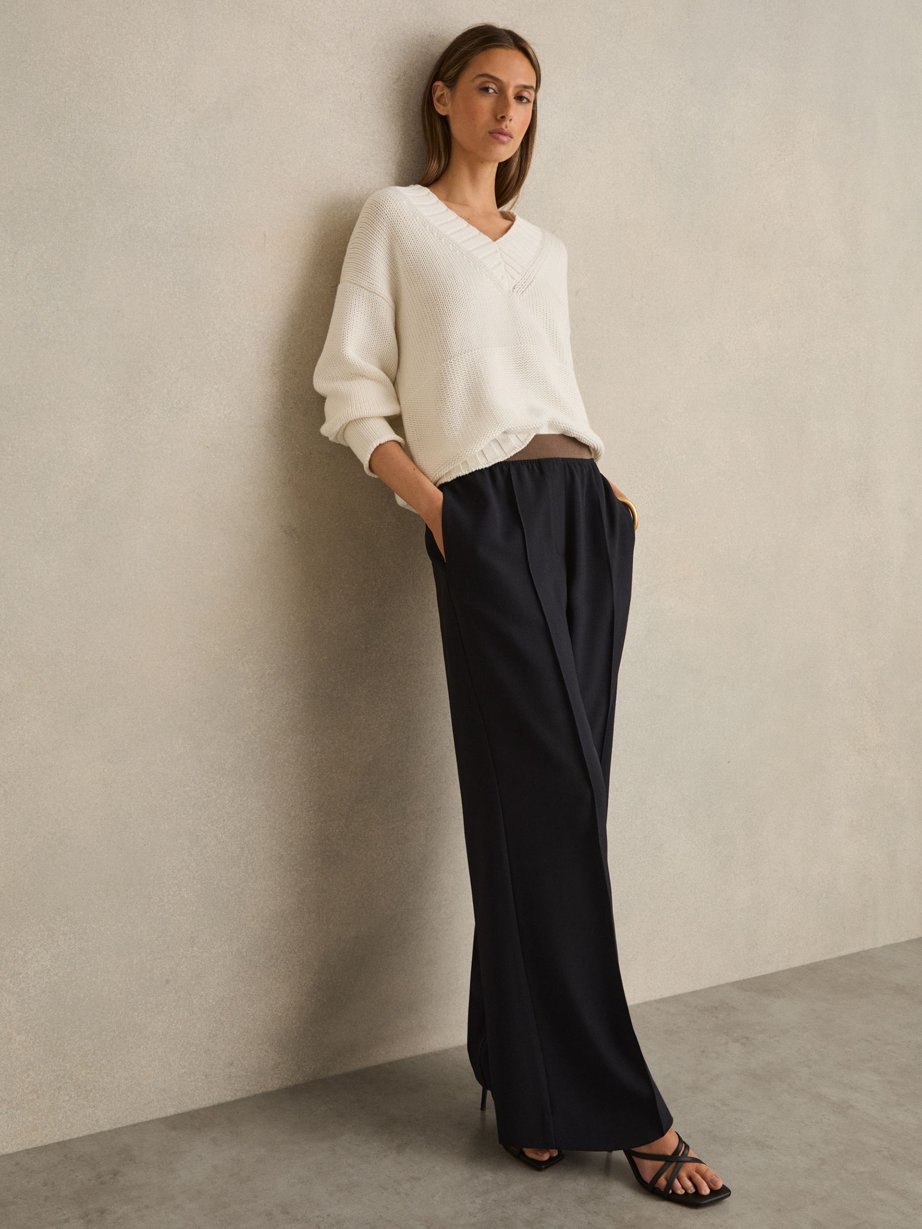 Wide-Leg Elasticated-Waist Trousers in Navy