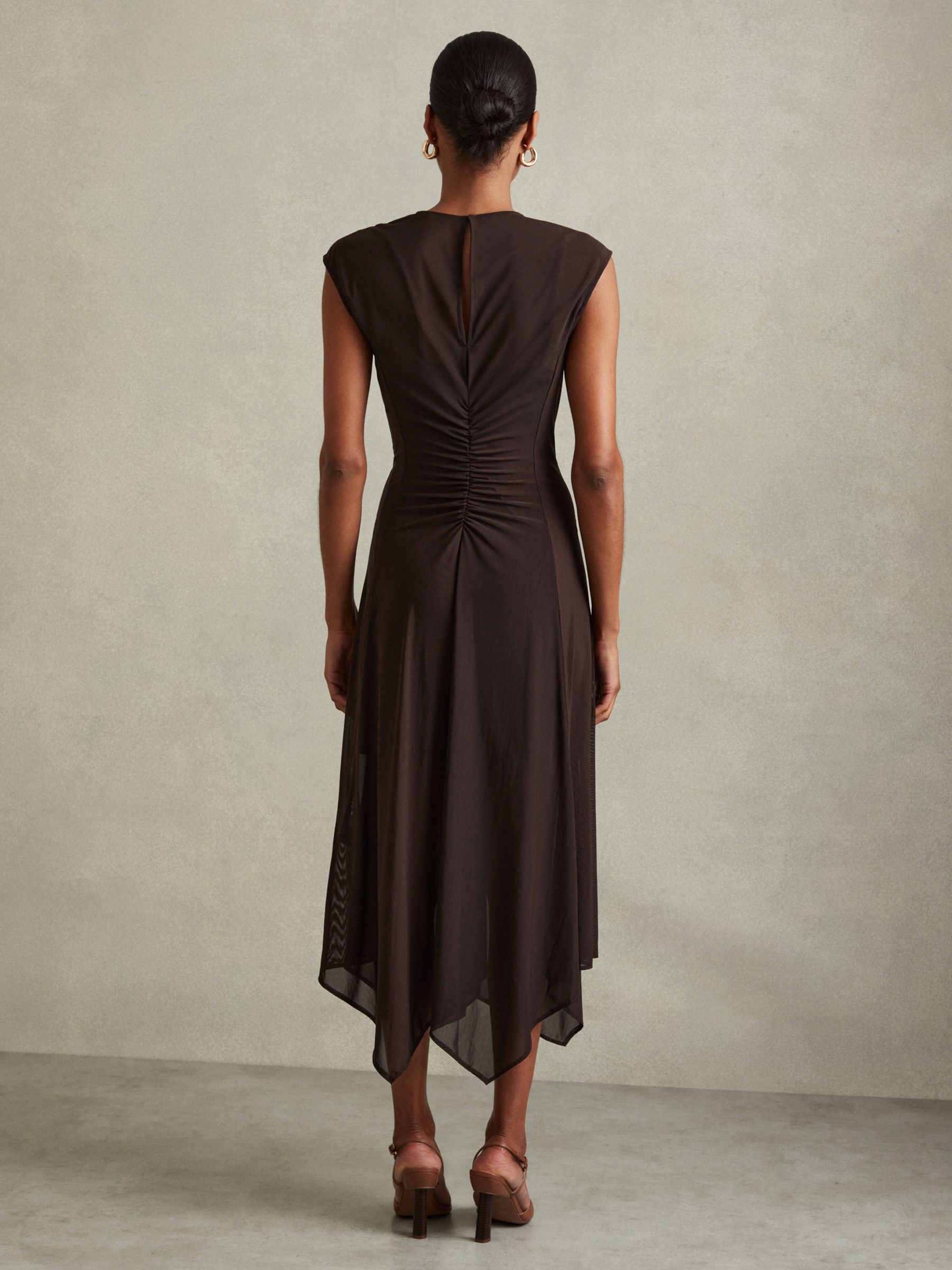 Mesh Ruched Midi Dress in Chocolate