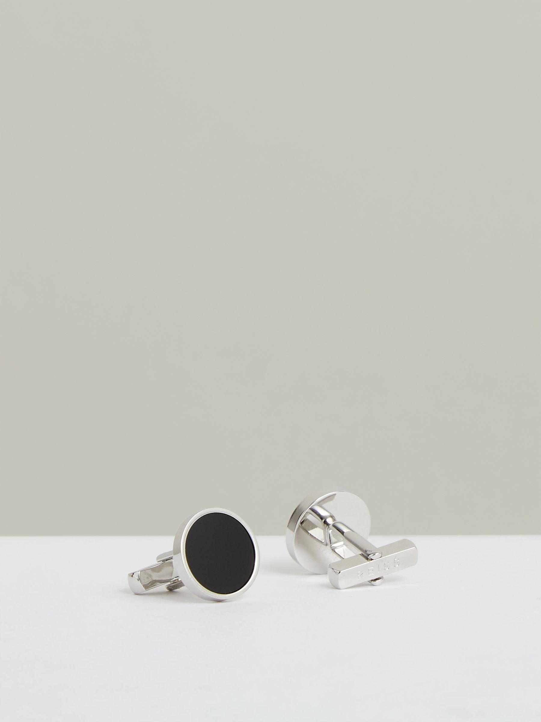 Inlaid Round Cufflinks in Silver Tone/Onyx