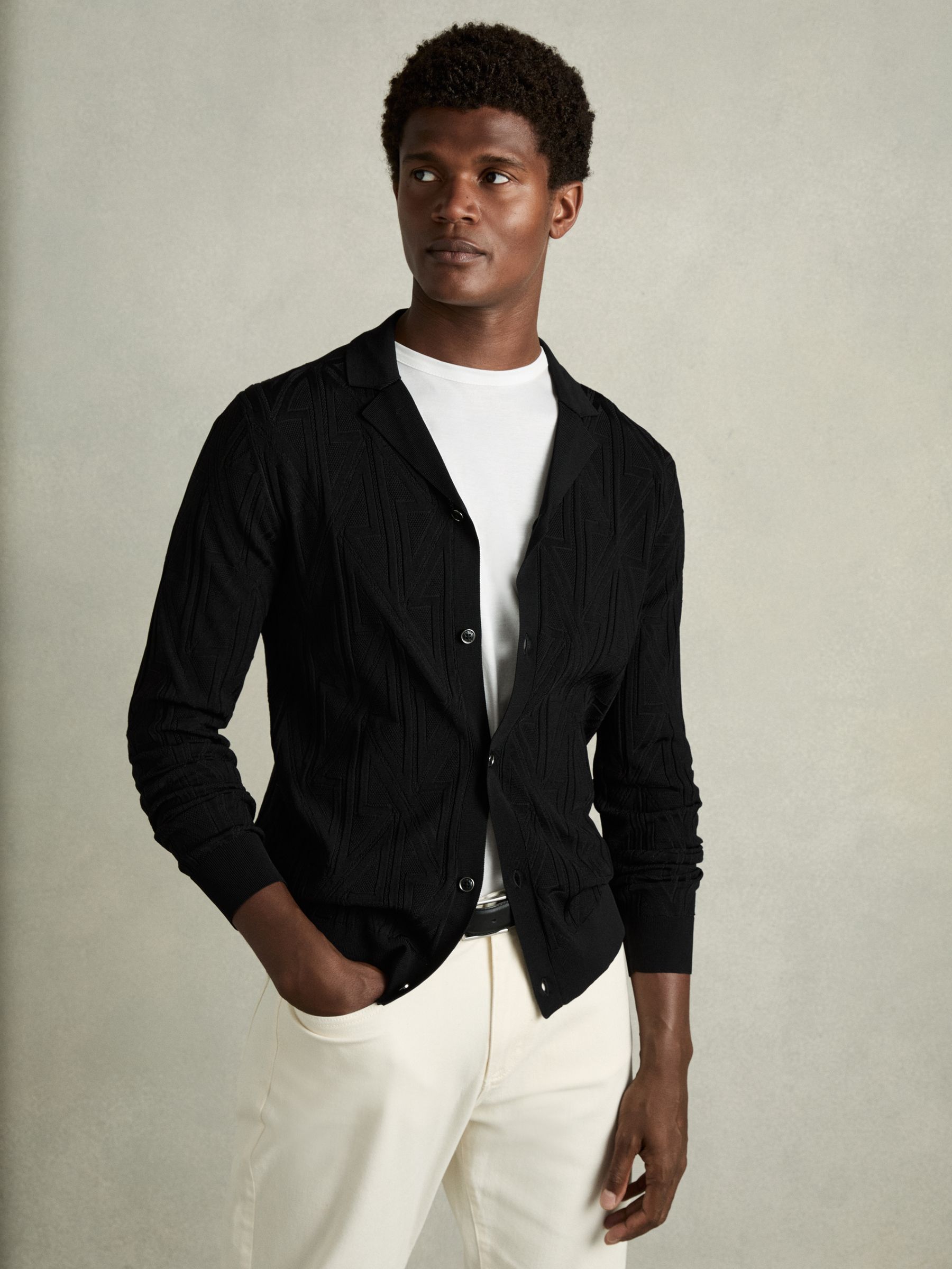 Jacquard Cuban-Collar Button-Through Shirt in Black