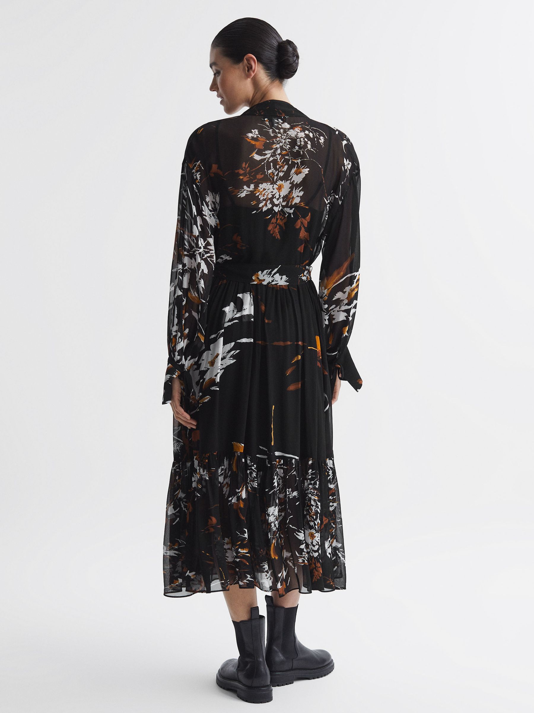 Floral Neck Tie Midi Dress in Black/Brown