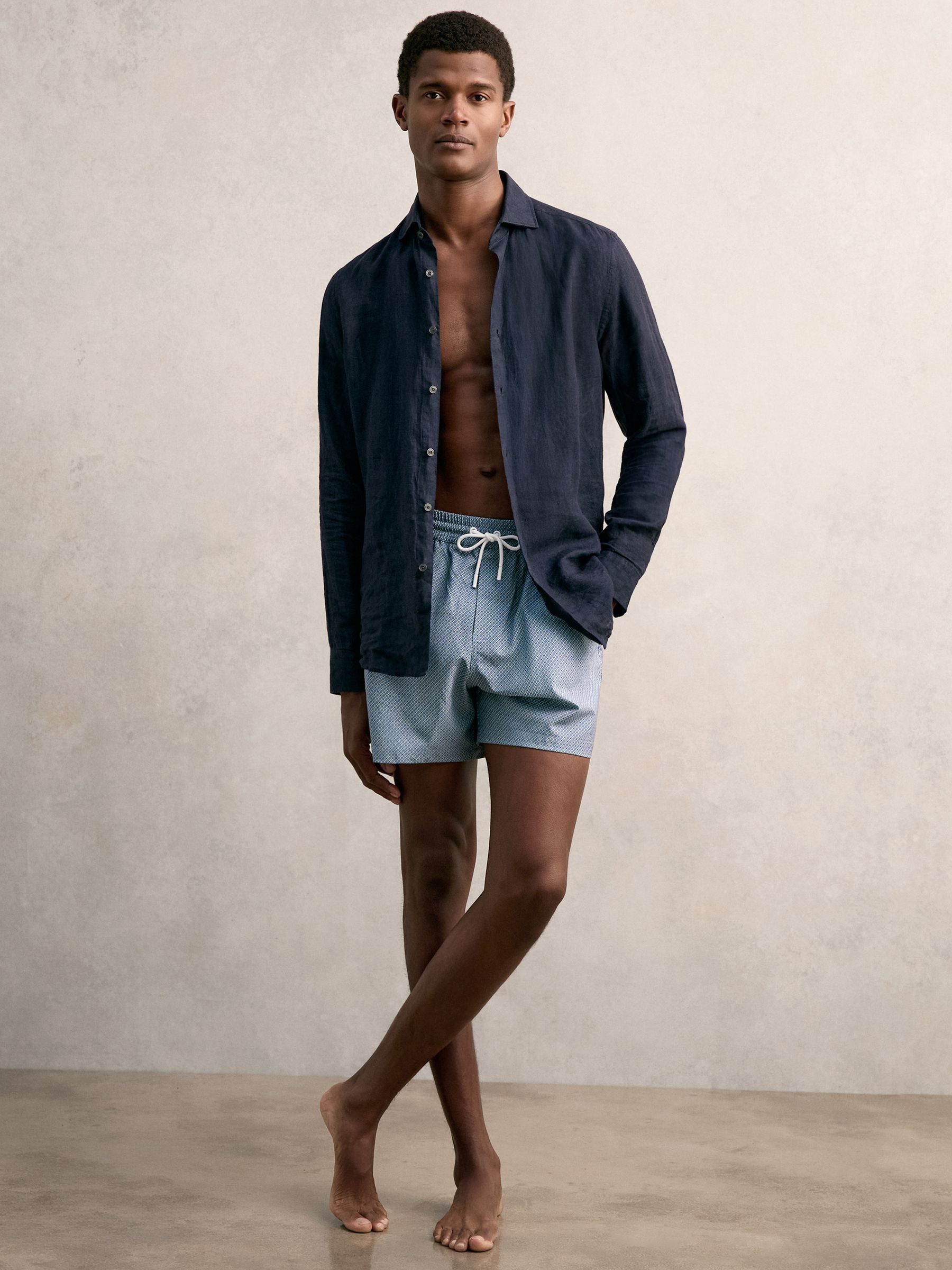 Drawstring Geometric Print Swim Shorts in Airforce Blue