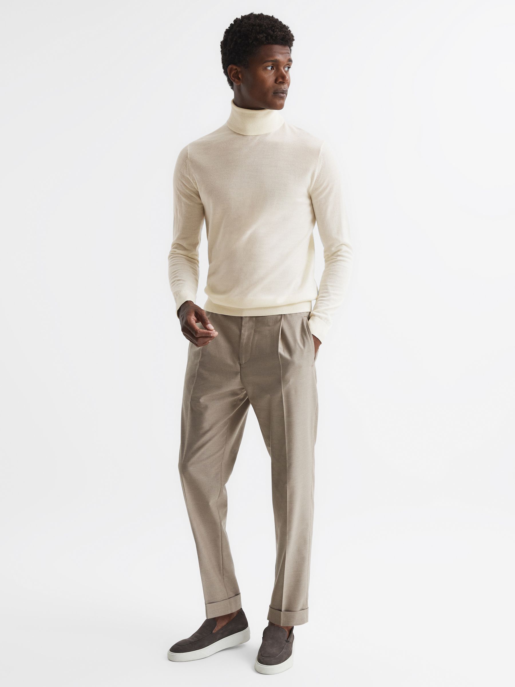 Slim Fit Merino Wool Roll Neck Jumper in Bianco