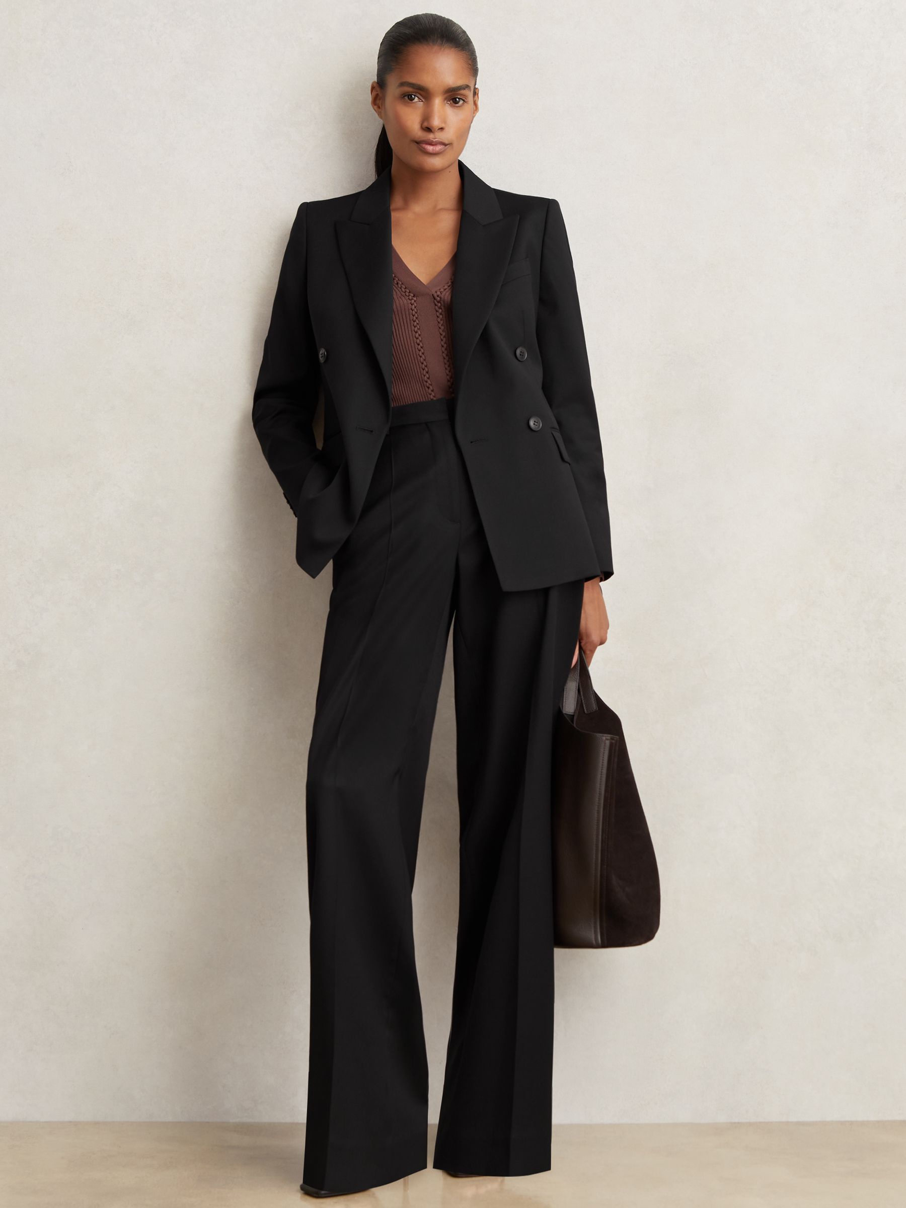 Petite Wool Blend Double Breasted Suit Blazer in Black