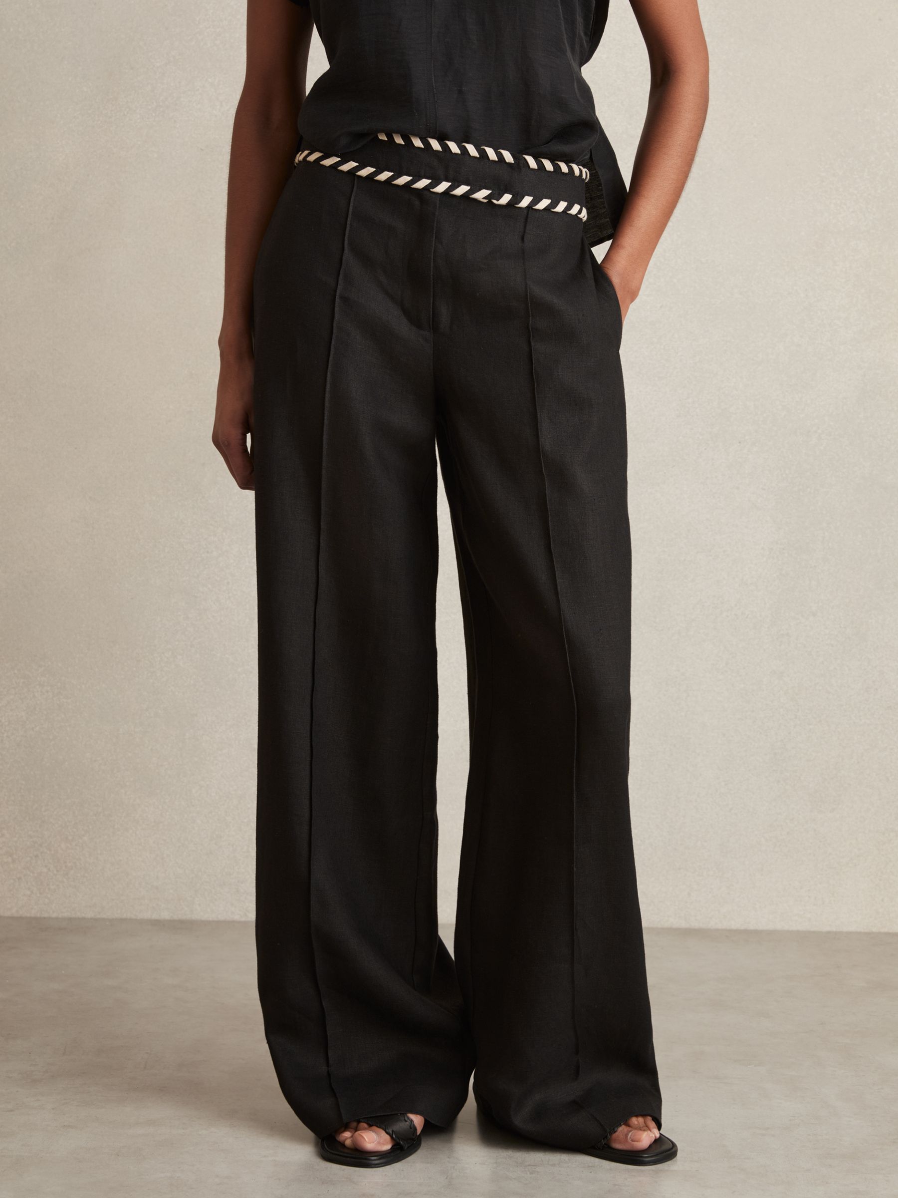 Linen Wide-Leg Whipstitch Trousers in Black
