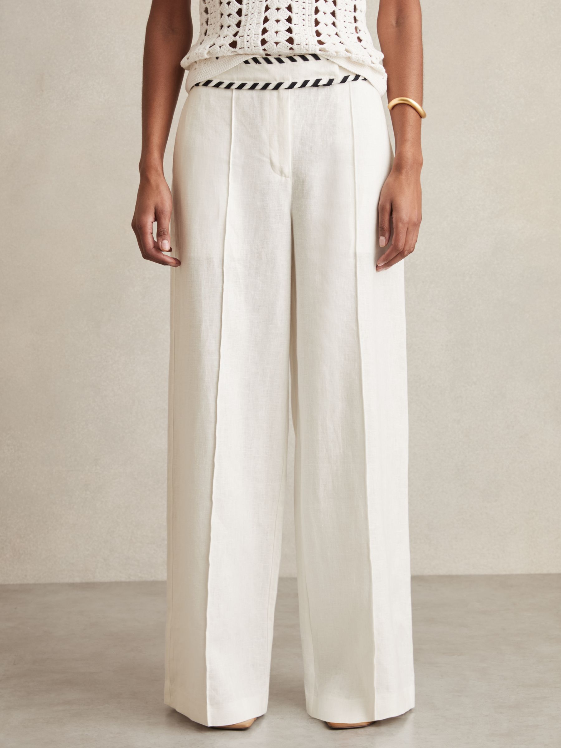Linen Wide-Leg Whipstitch Trousers in White
