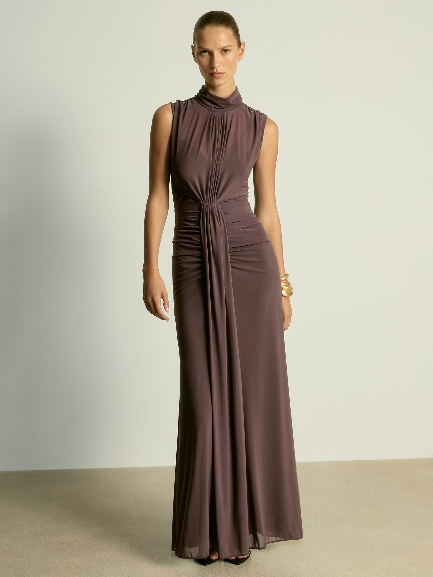 Petite Ruched Sleeveless Maxi Dress in Taupe