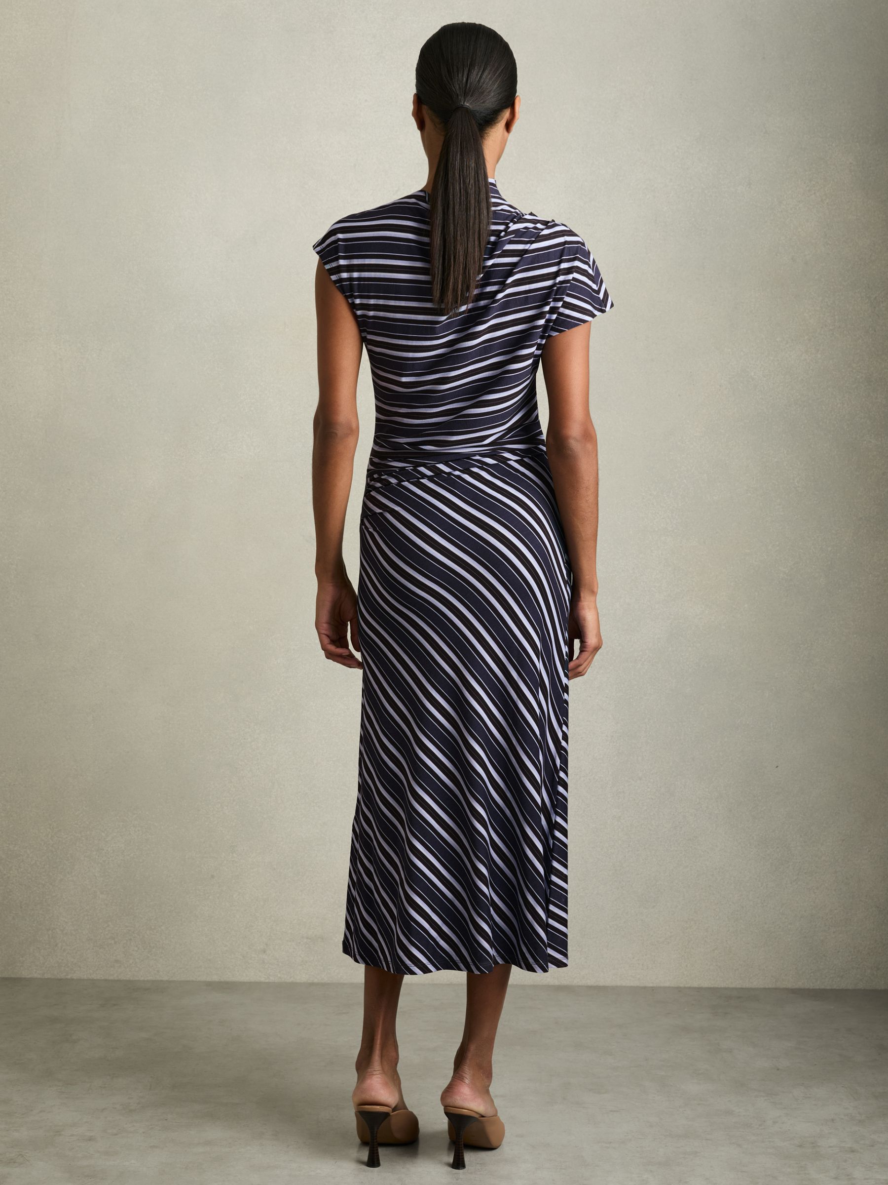 Petite Stripe-Print Draped Midi Dress in Blue