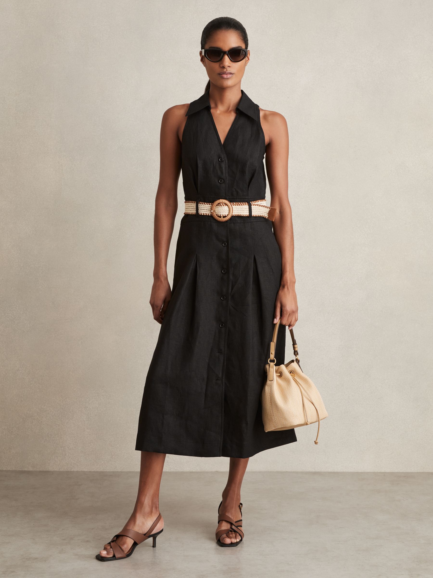 Linen Belted Sleeveless Midi Dress in Black