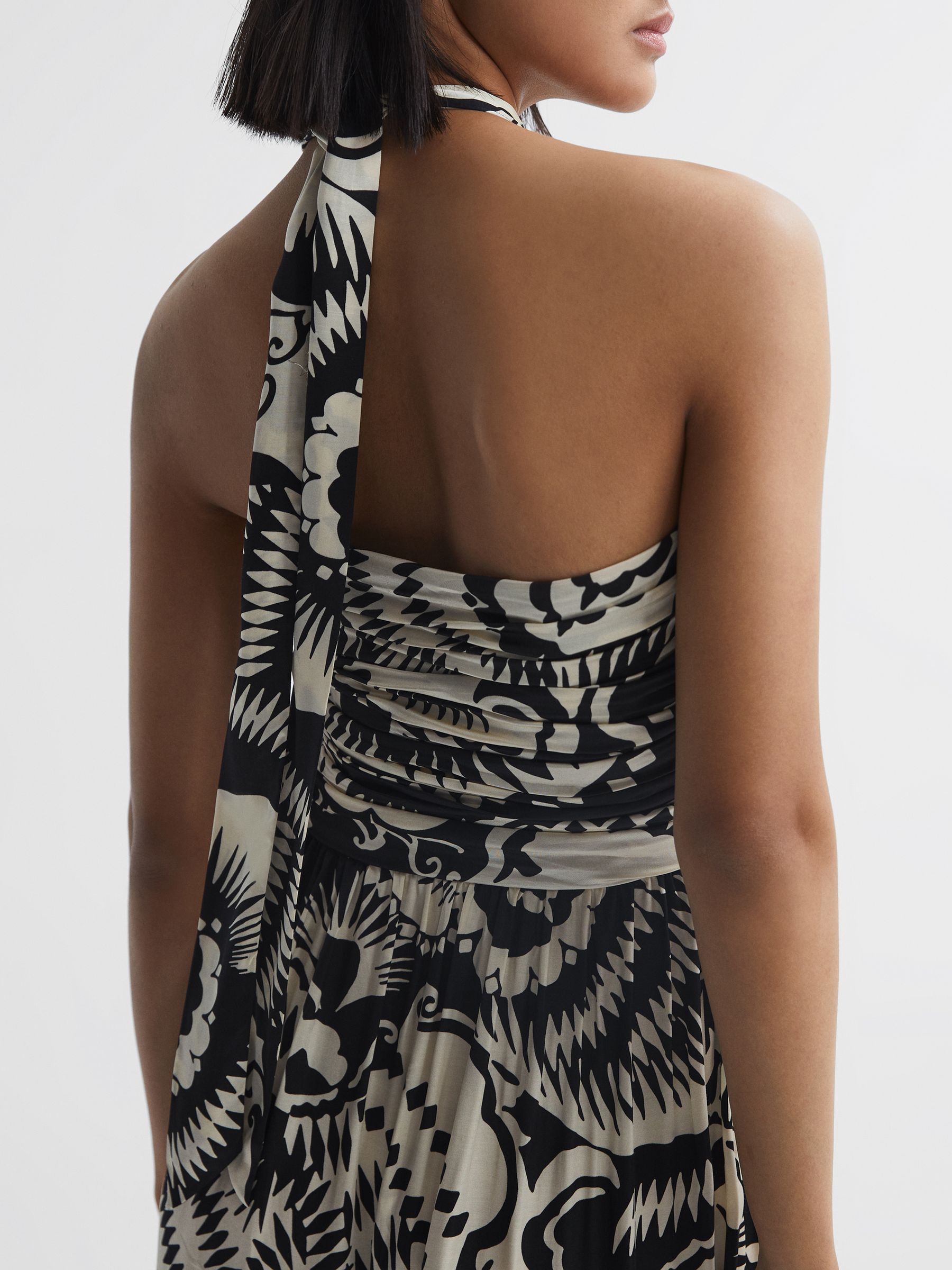 Printed Halter Neck Maxi Dress in Black/White