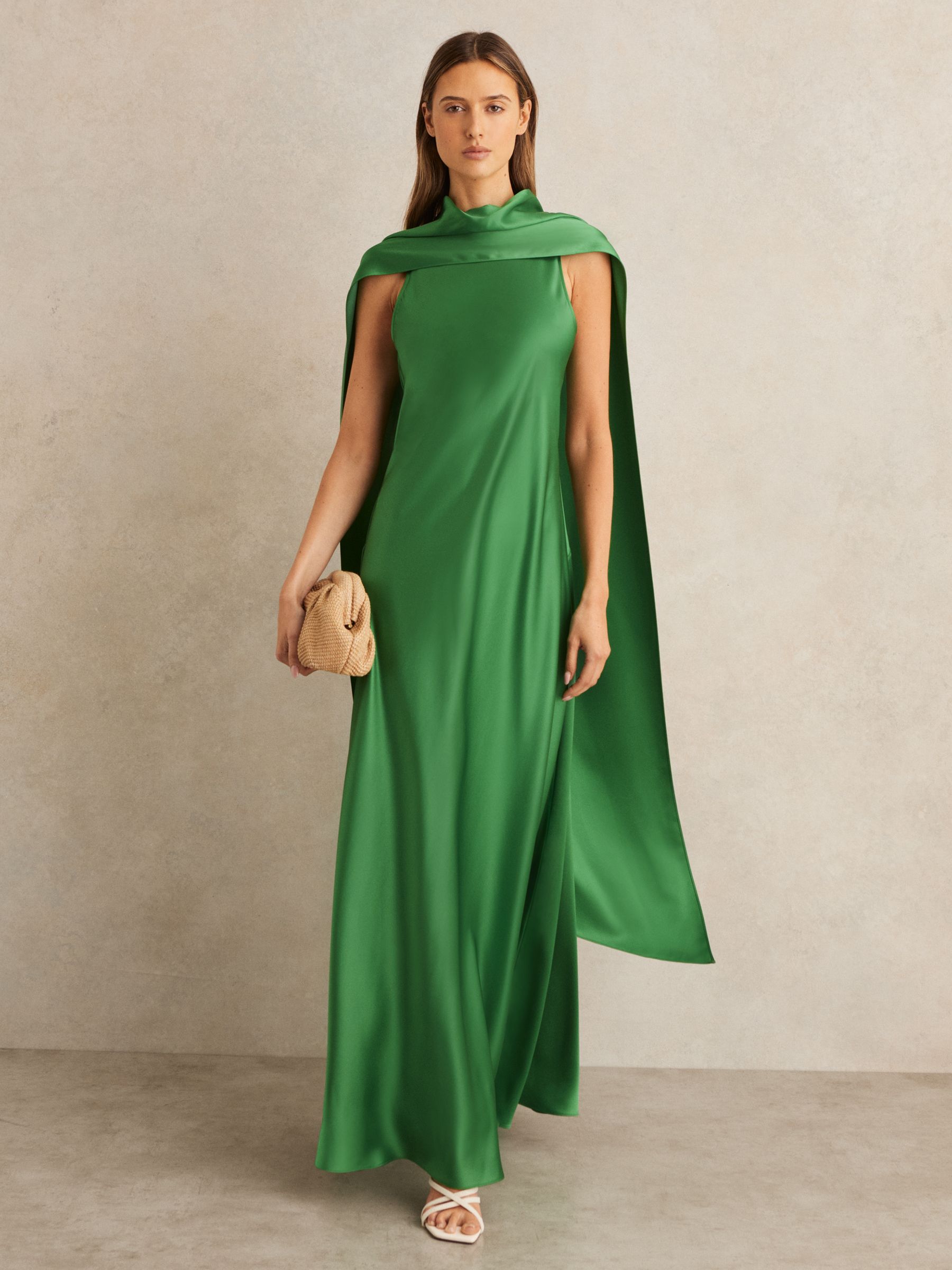 Petite Satin Cape Maxi Dress in Green