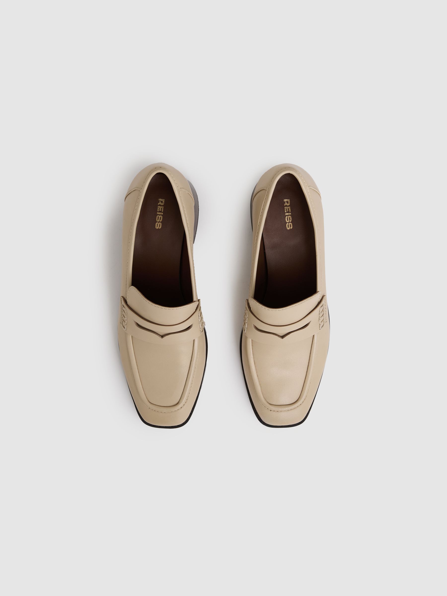 Leather Block-Heel Penny Loafers in Off White