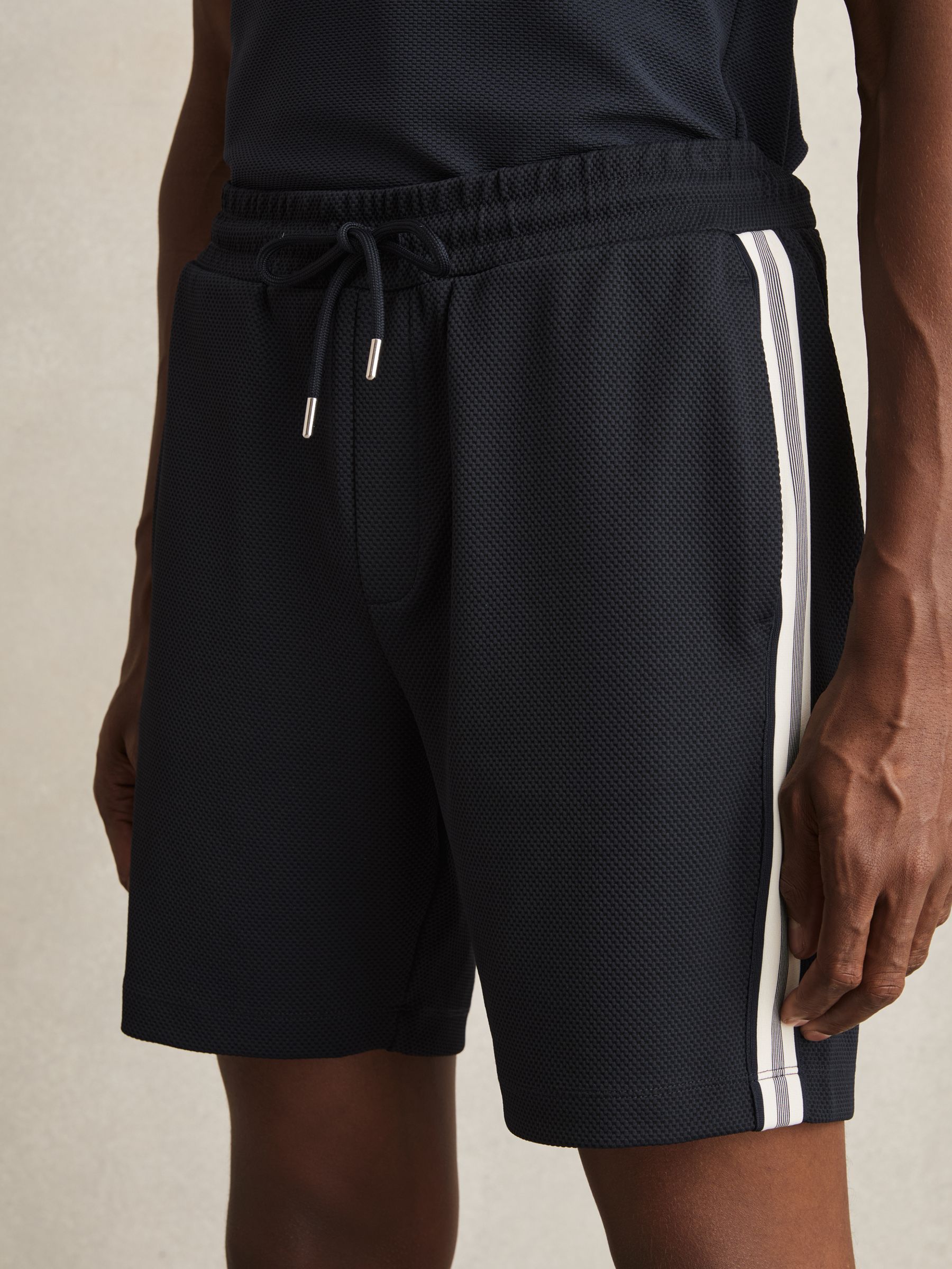 Textured Tape Drawstring Shorts in Navy