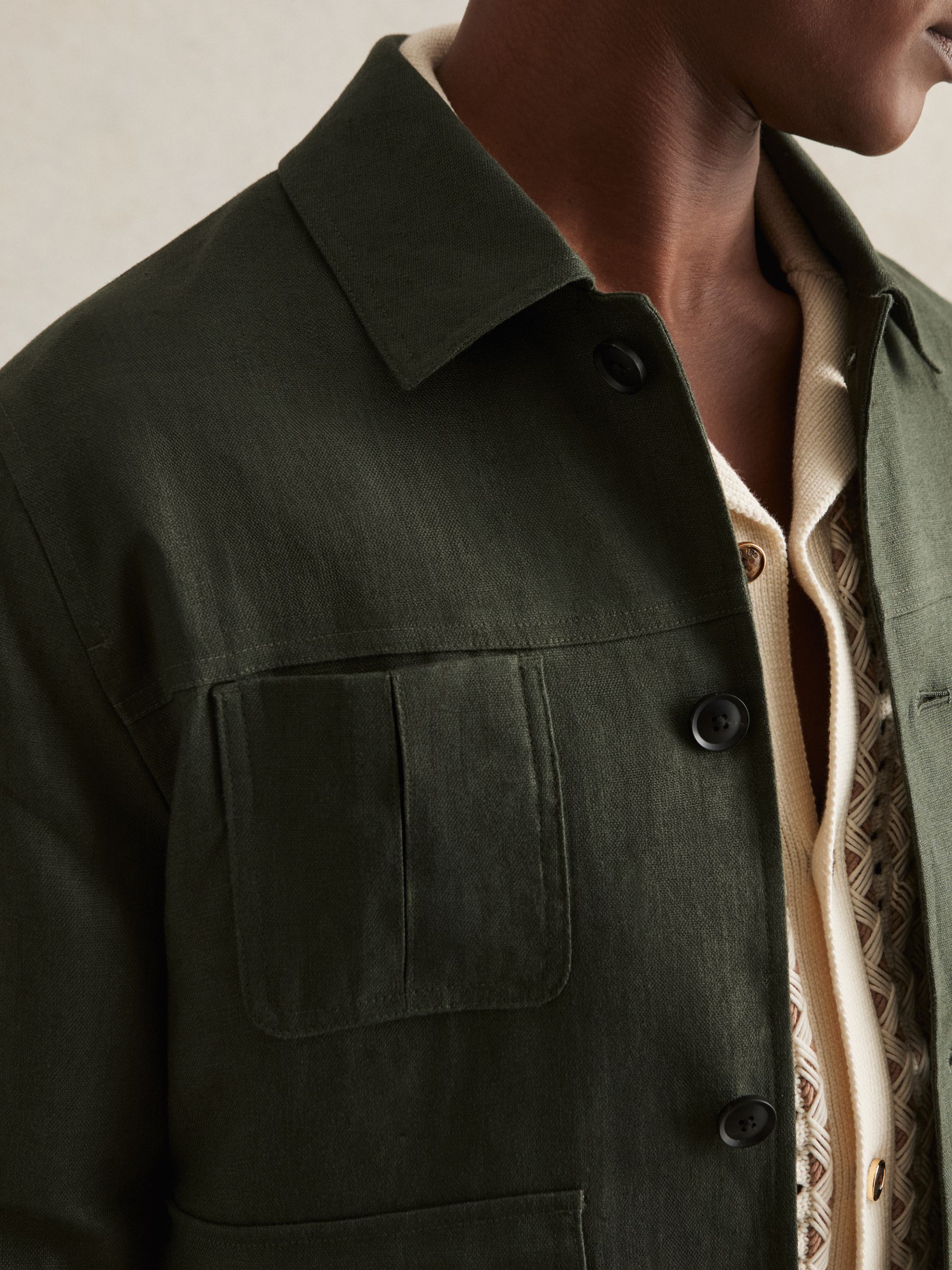 Linen Four-Pocket Jacket in Khaki Green