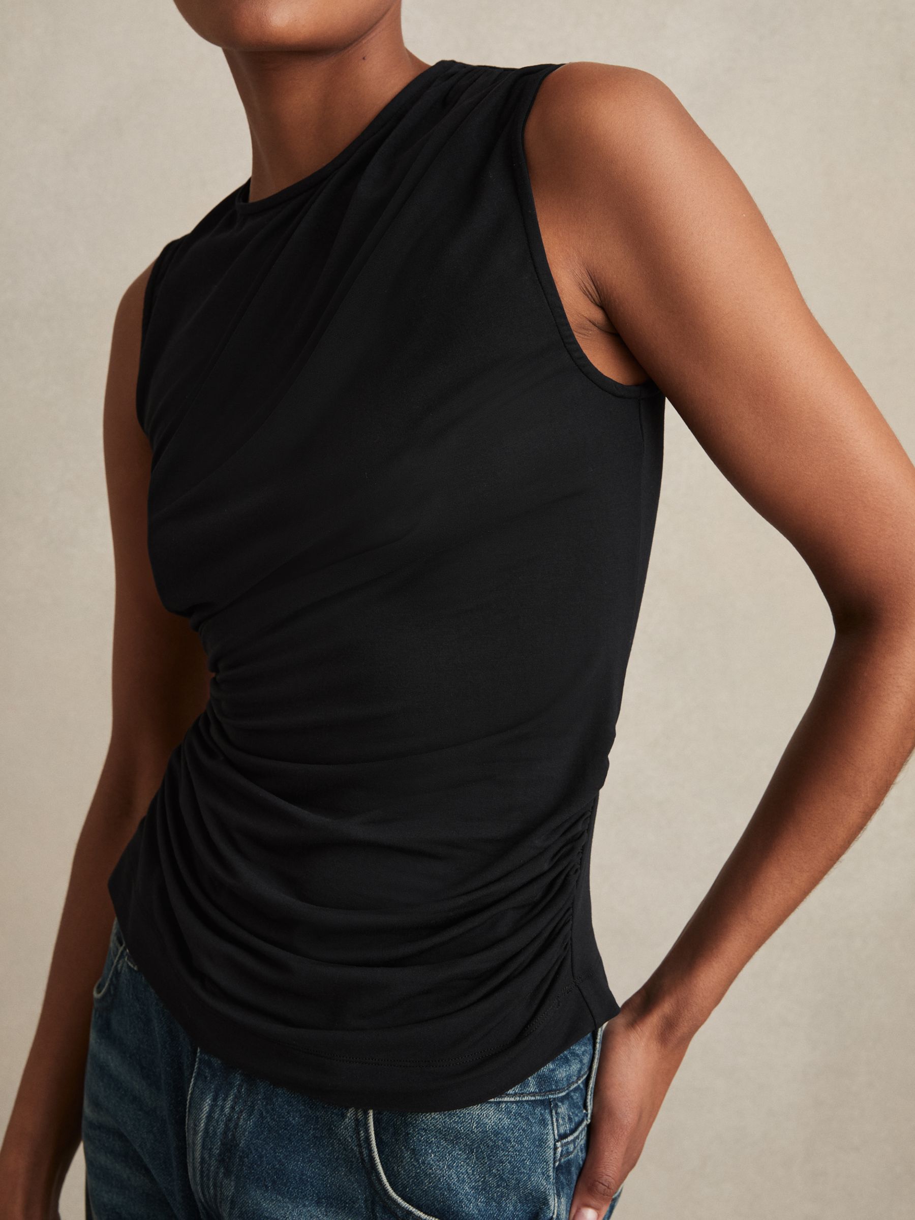 Stretch-Modal Ruched Vest in Black