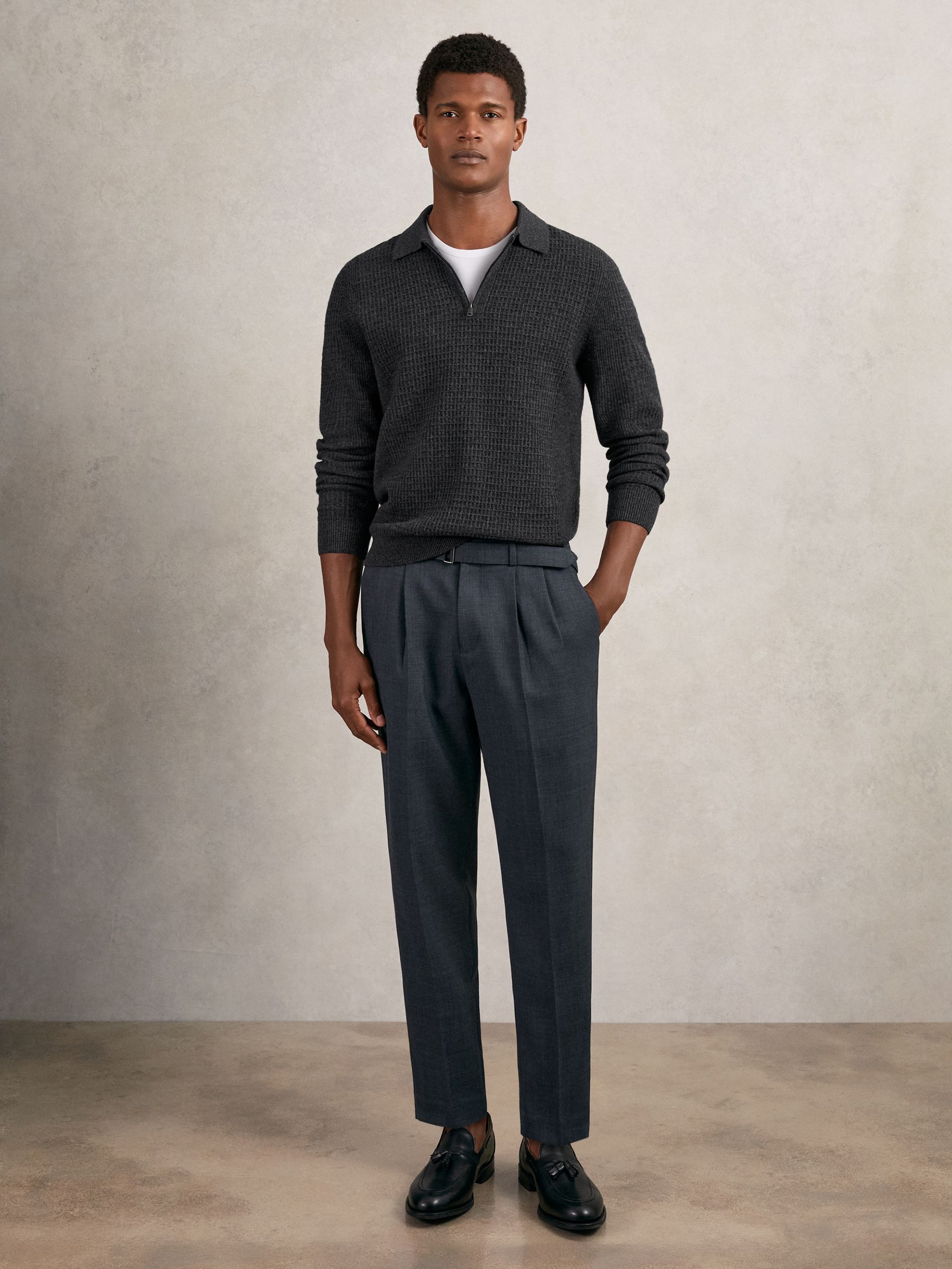Wool Waffle-Knit Half-Zip Polo Shirt in Charcoal Grey