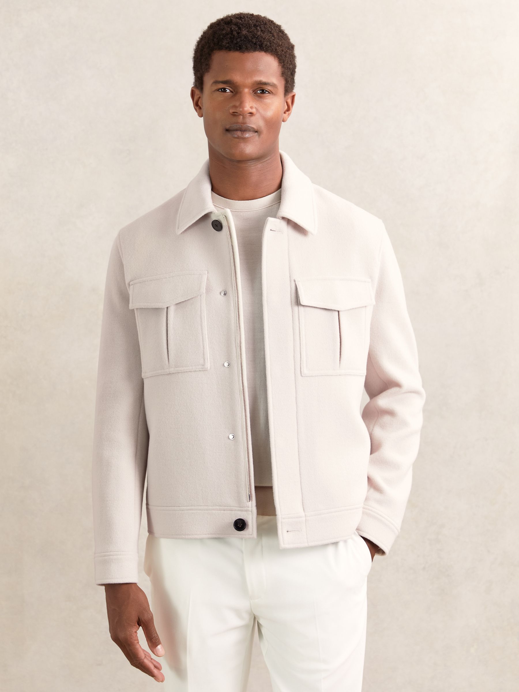 Wool Blend Twin Pocket Zipped Jacket in Ivory