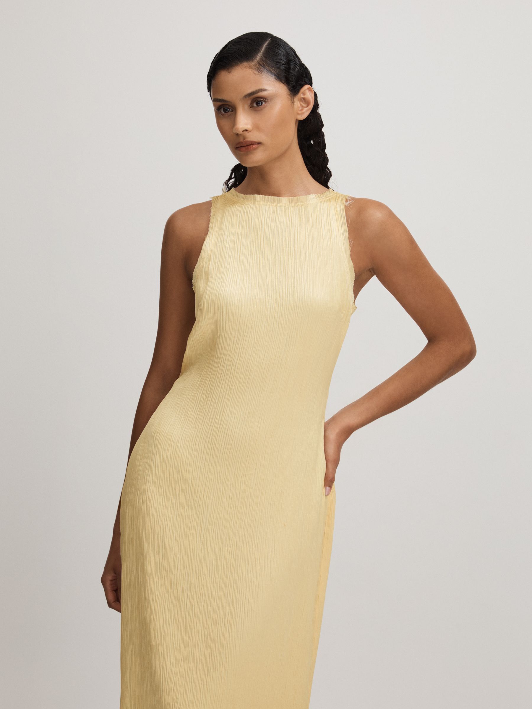 Enya Buttercup Anna Quan Plisse Raw Hem Maxi Dress