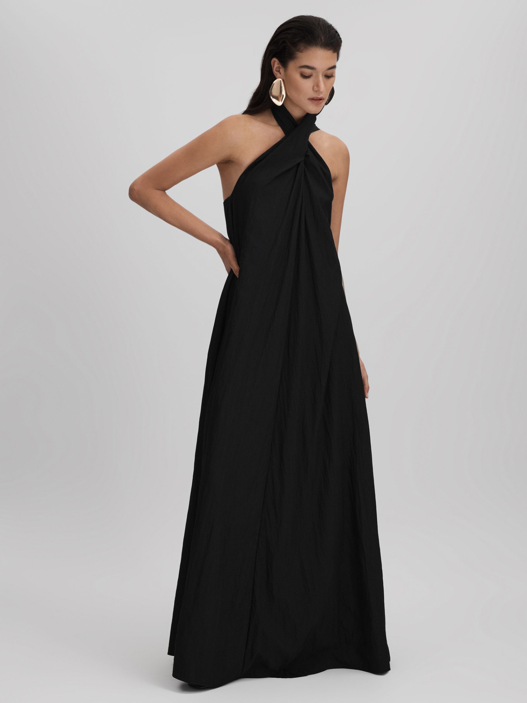 Taffeta Halter Neck Maxi Dress in Black