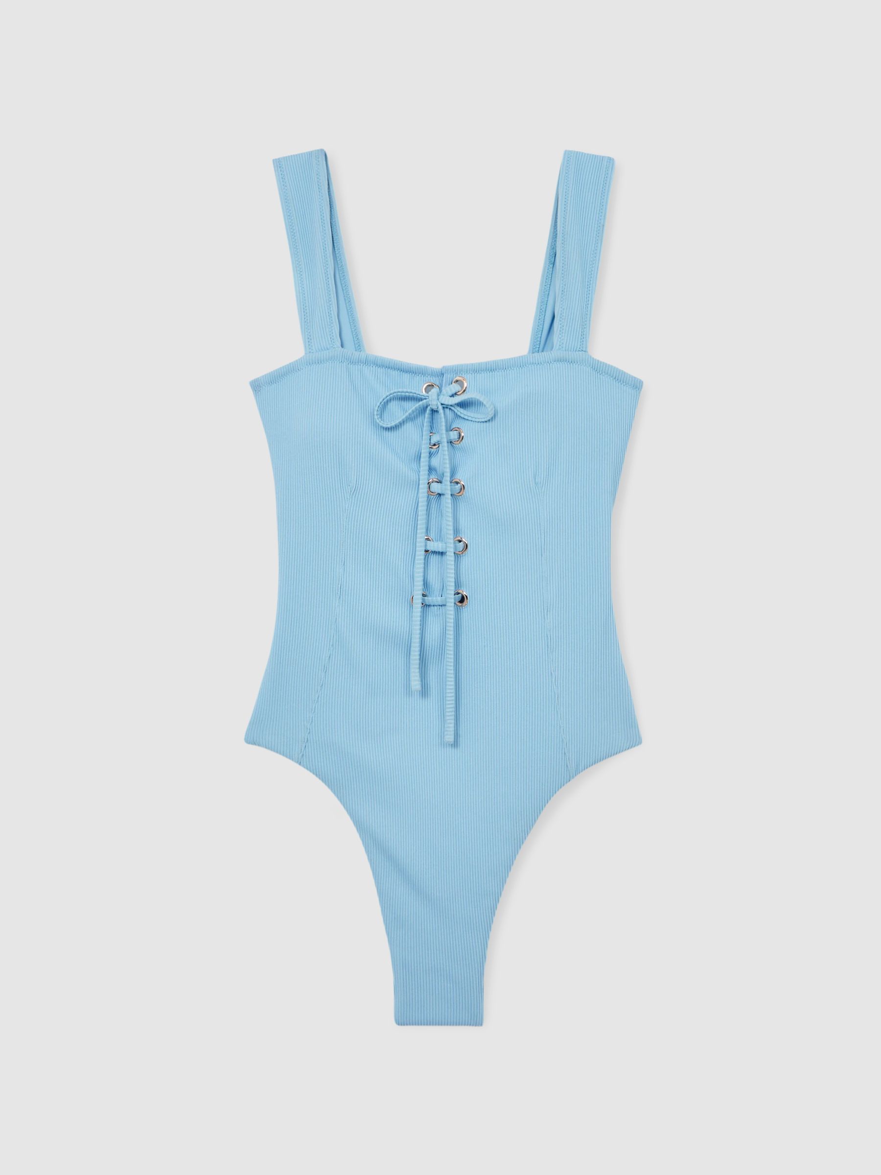 Ribbed Lace-Up Swimsuit in Blue