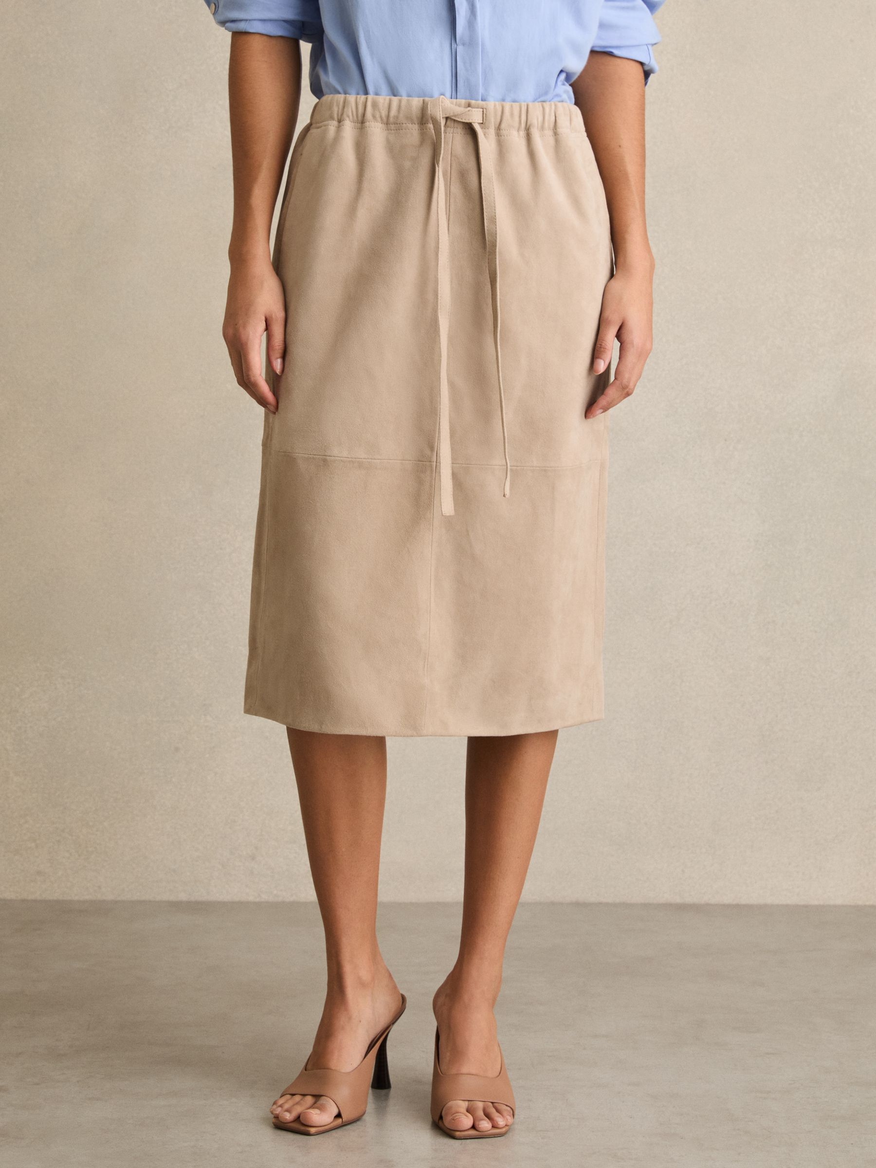Suede Drawstring Midi Skirt in Neutral