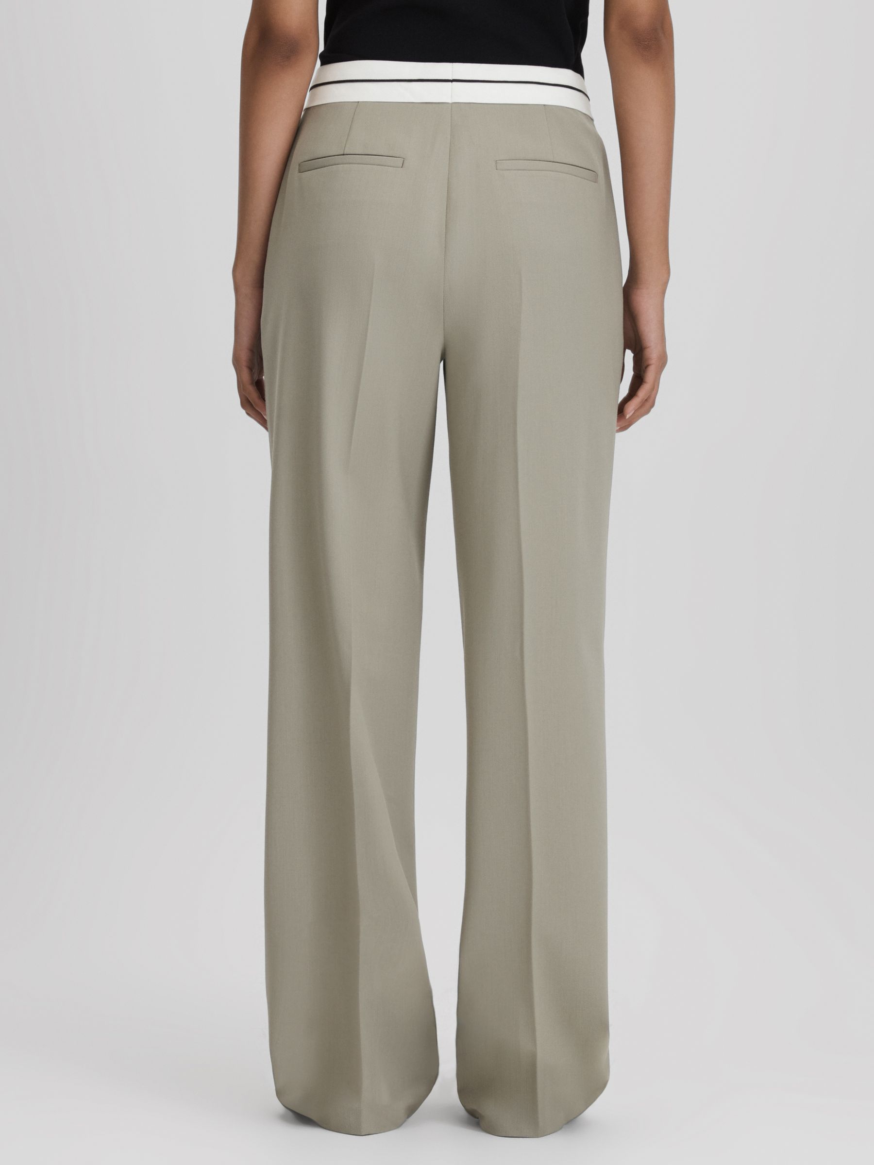 Contrast Waistband Wide Leg Suit Trousers in Green