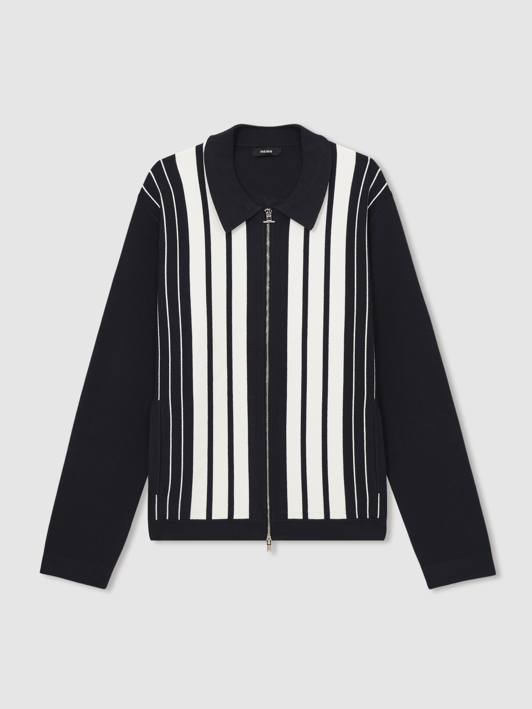 Striped Zip Through Knitted Jacket in Navy/White