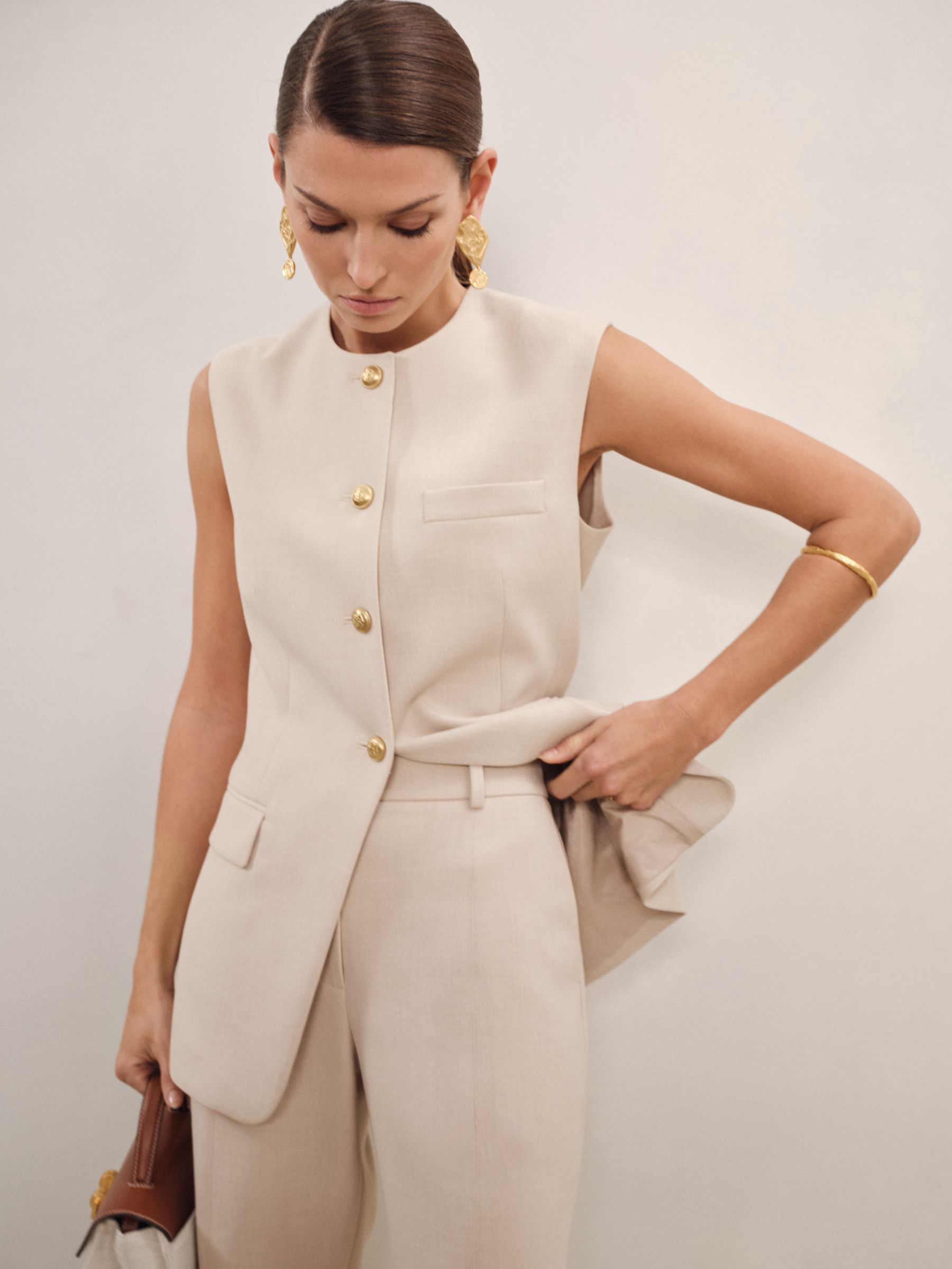 High-Neck Longline Waistcoat in Neutral