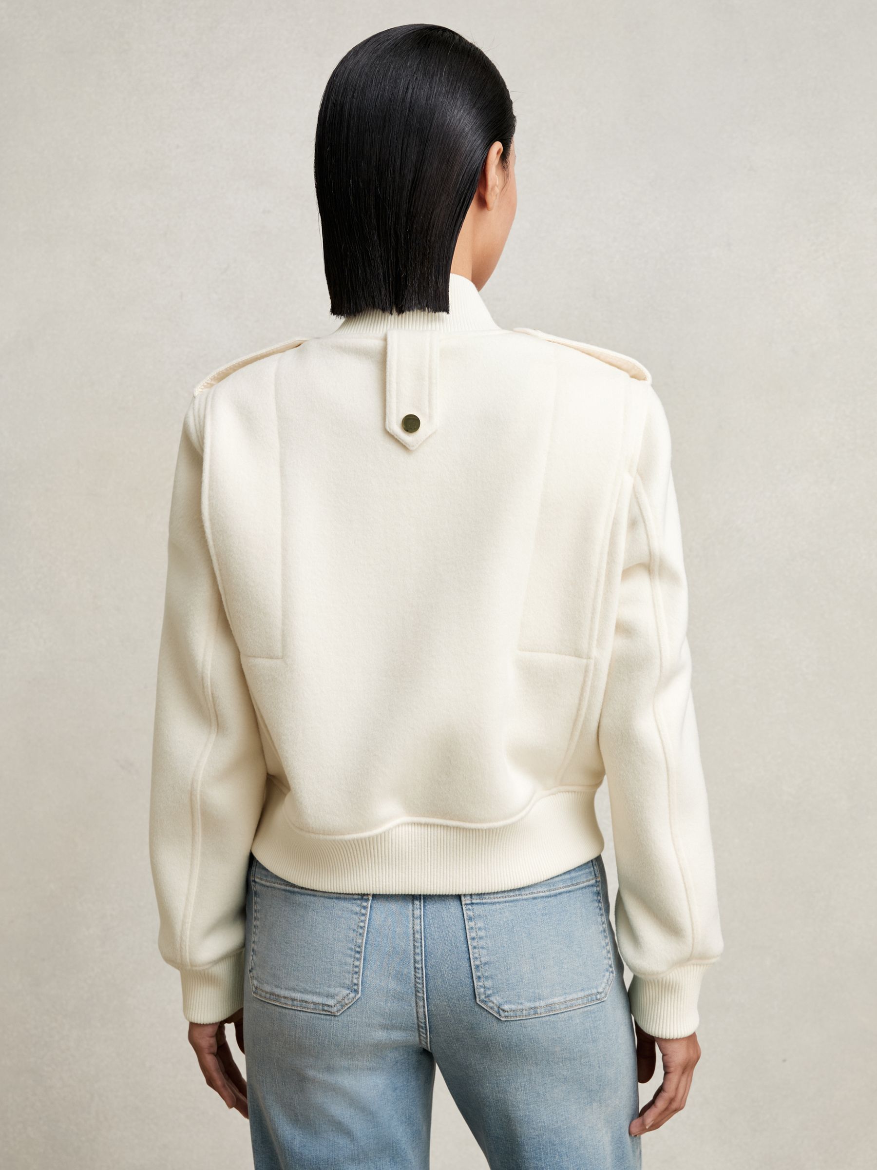 Brushed Wool Epaulette Bomber Jacket in Cream