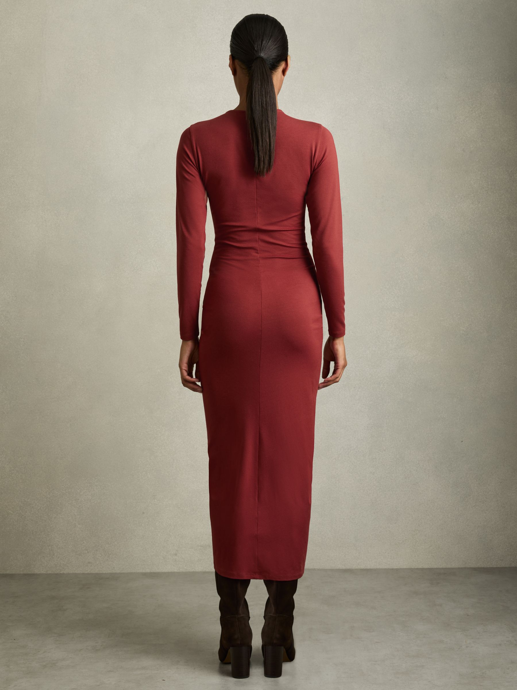 Ruched Jersey Midi Dress in Burgundy