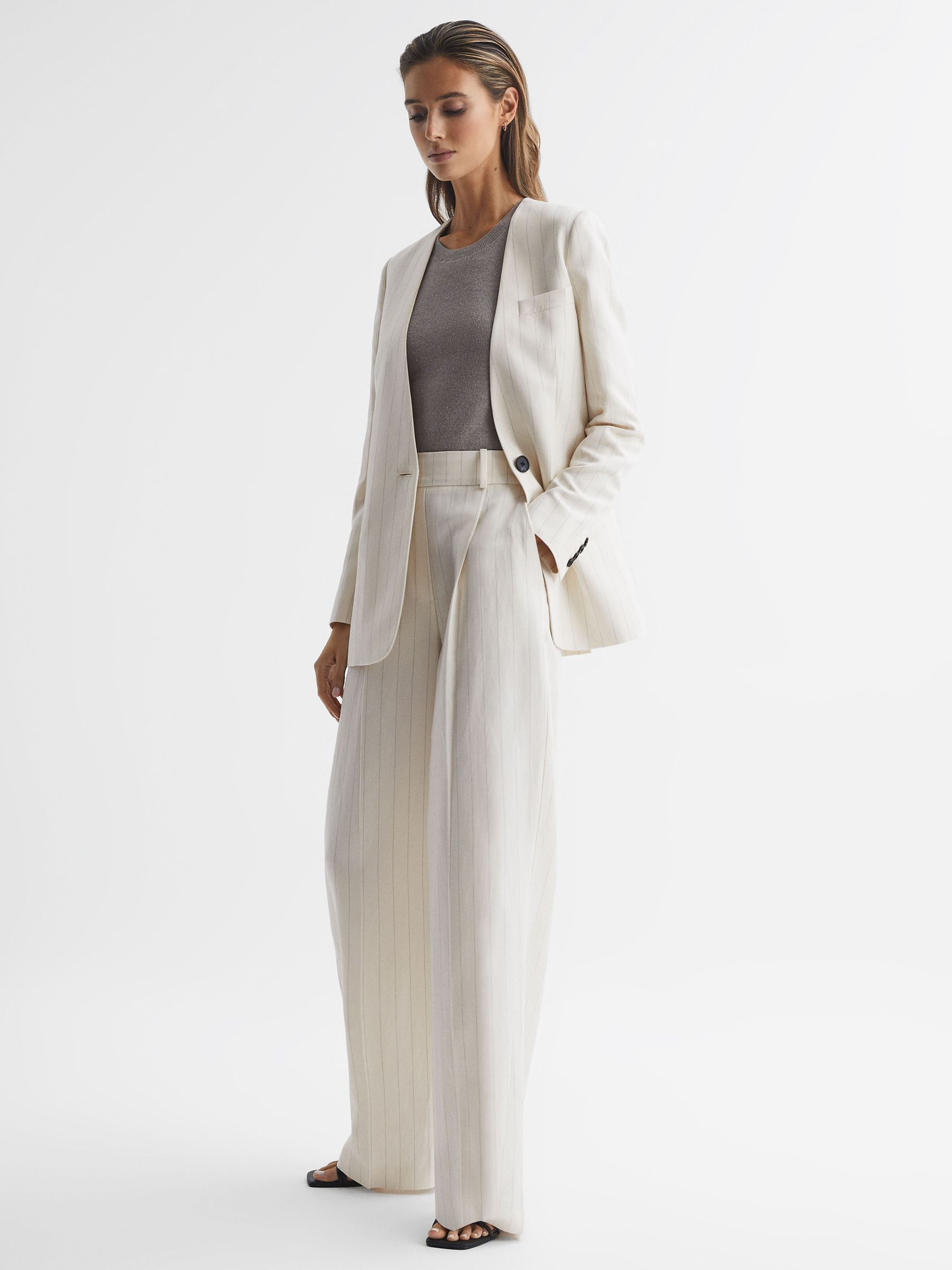 Collarless Pinstripe Blazer in White