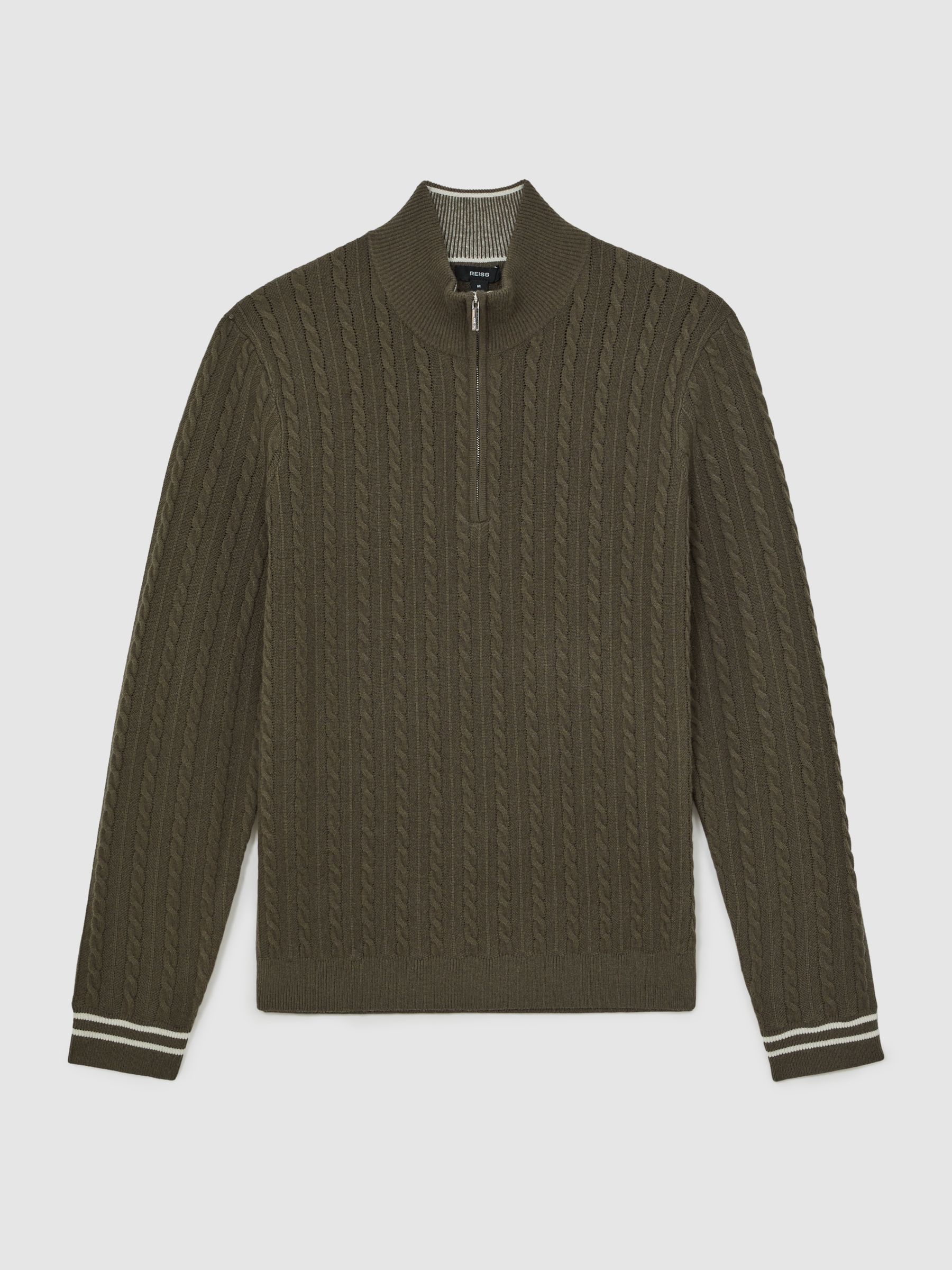 Half-Zip Cable Knit Jumper With Wool in Khaki Green
