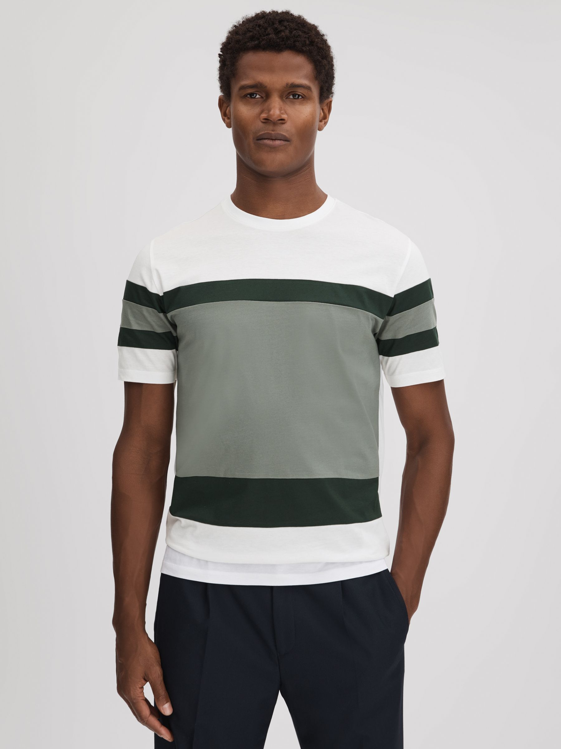 Mercerised Cotton Crew Neck T-Shirt in Sage Multi