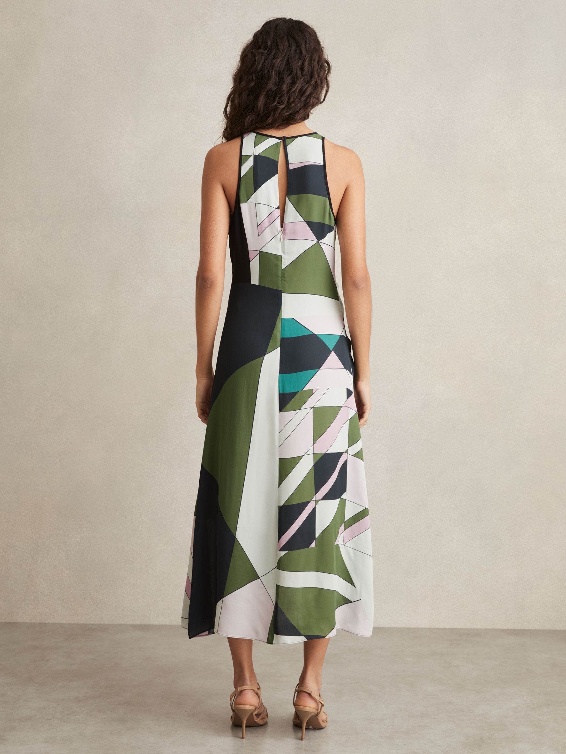 Geometric-Print Gathered Midi Dress in Green