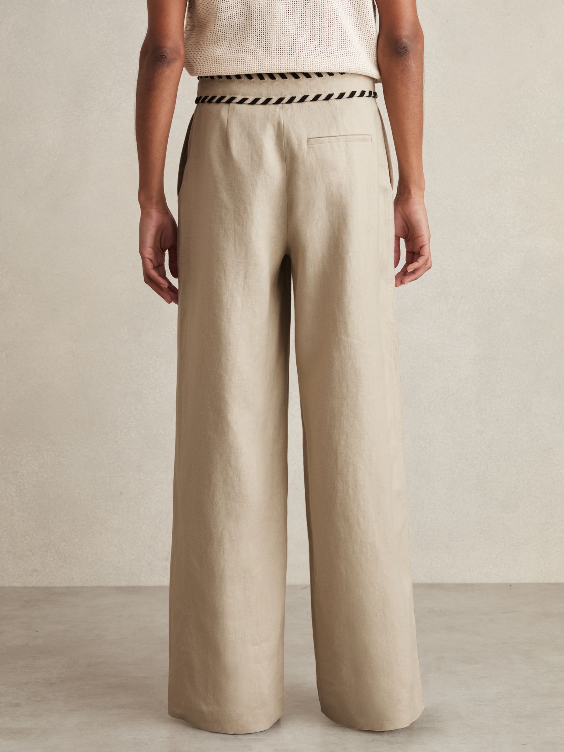 Linen Wide-Leg Whipstitch Trousers in Neutral