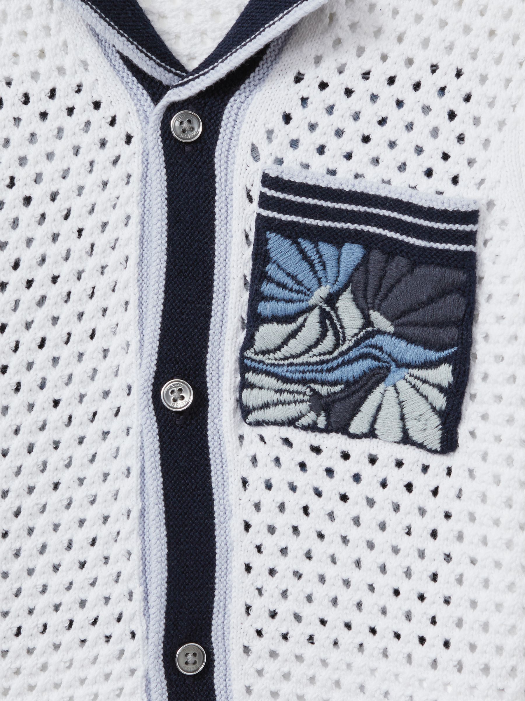 9-13 yrs Open-Stitch Embroidered Cuban Collar Shirt in White/Blue