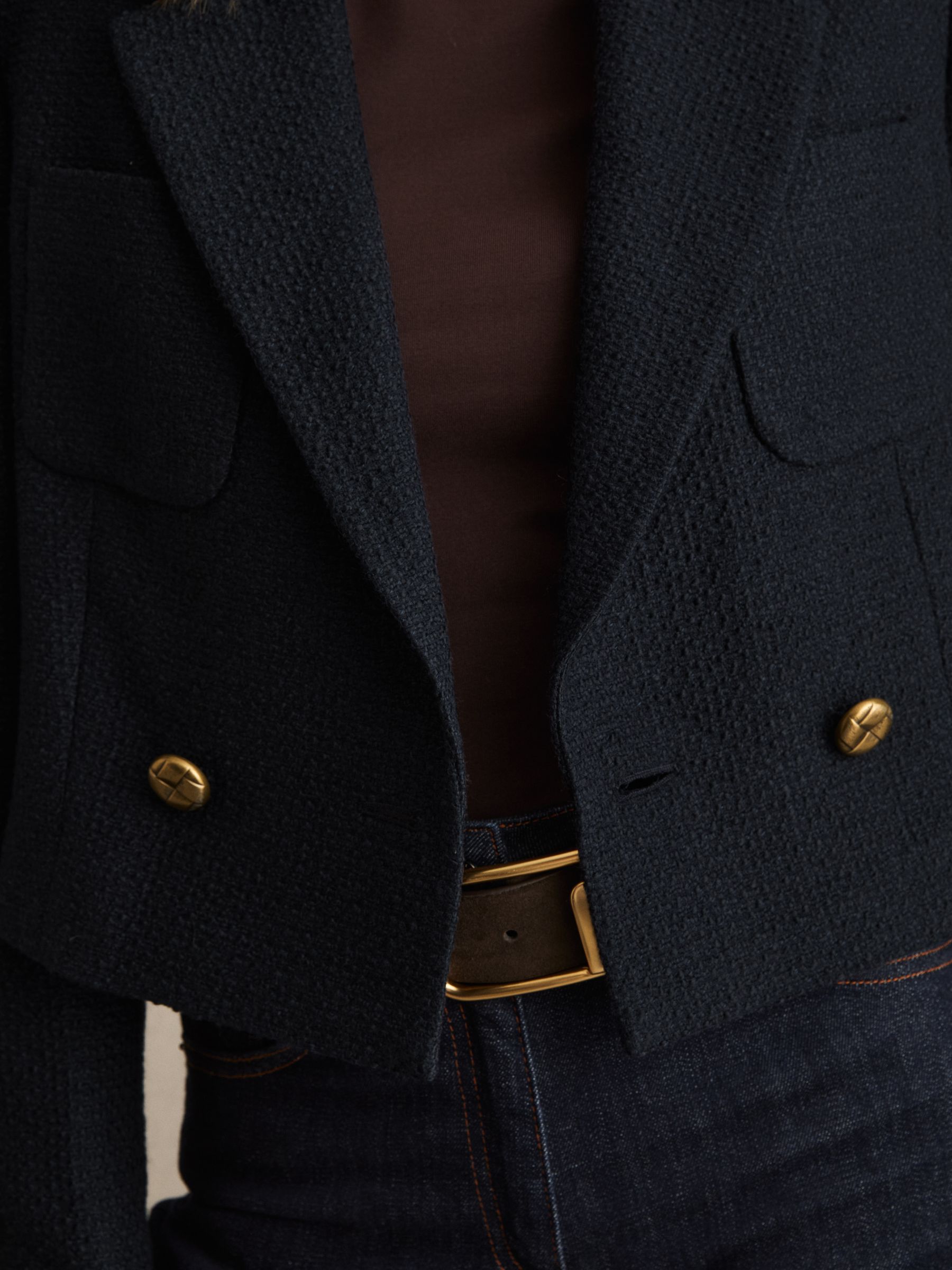 Double-Breasted Textured Cropped Blazer with Wool and Cotton in Navy