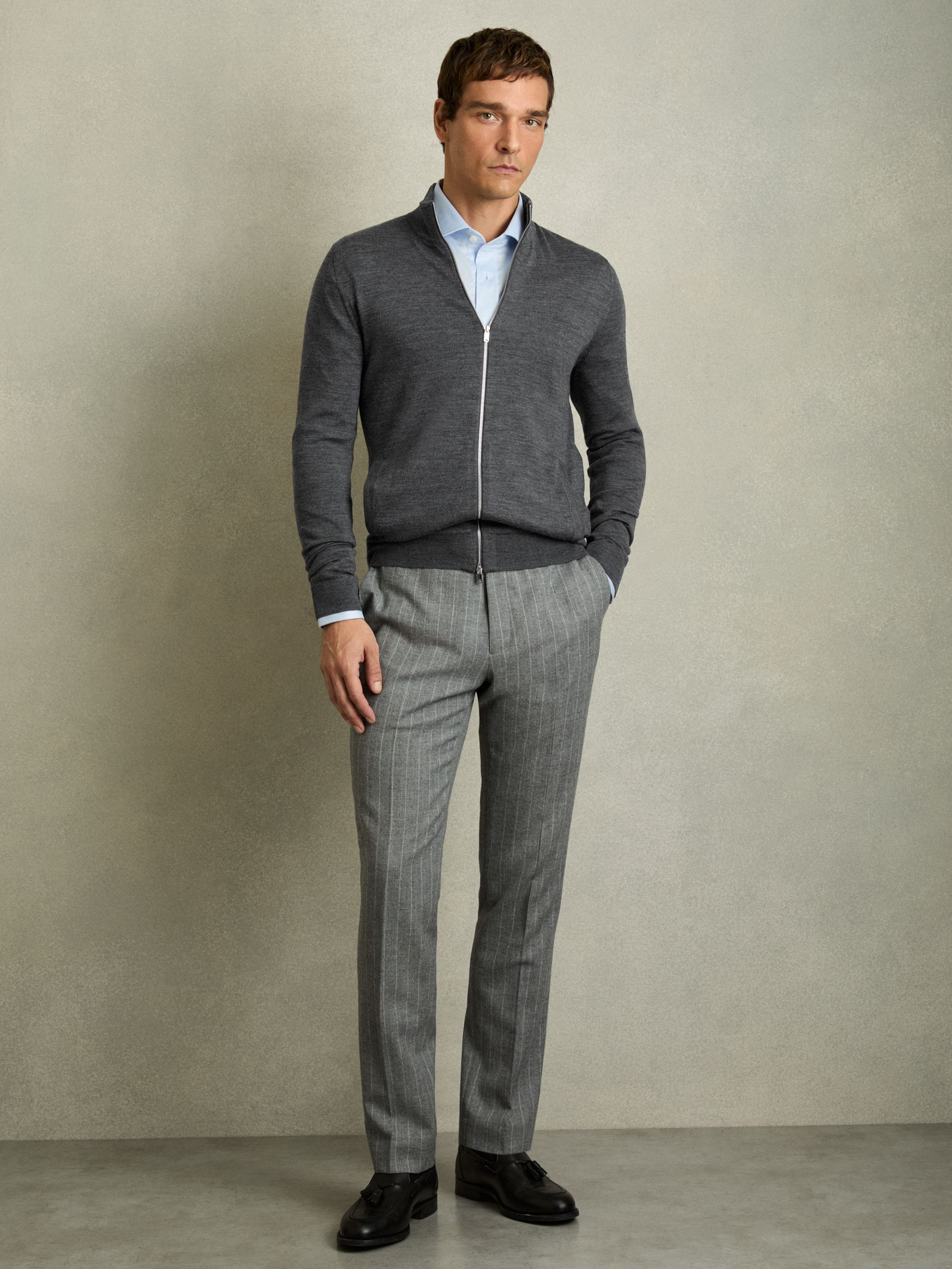 Merino Wool Zip-Through Cardigan in Derby Grey Marl