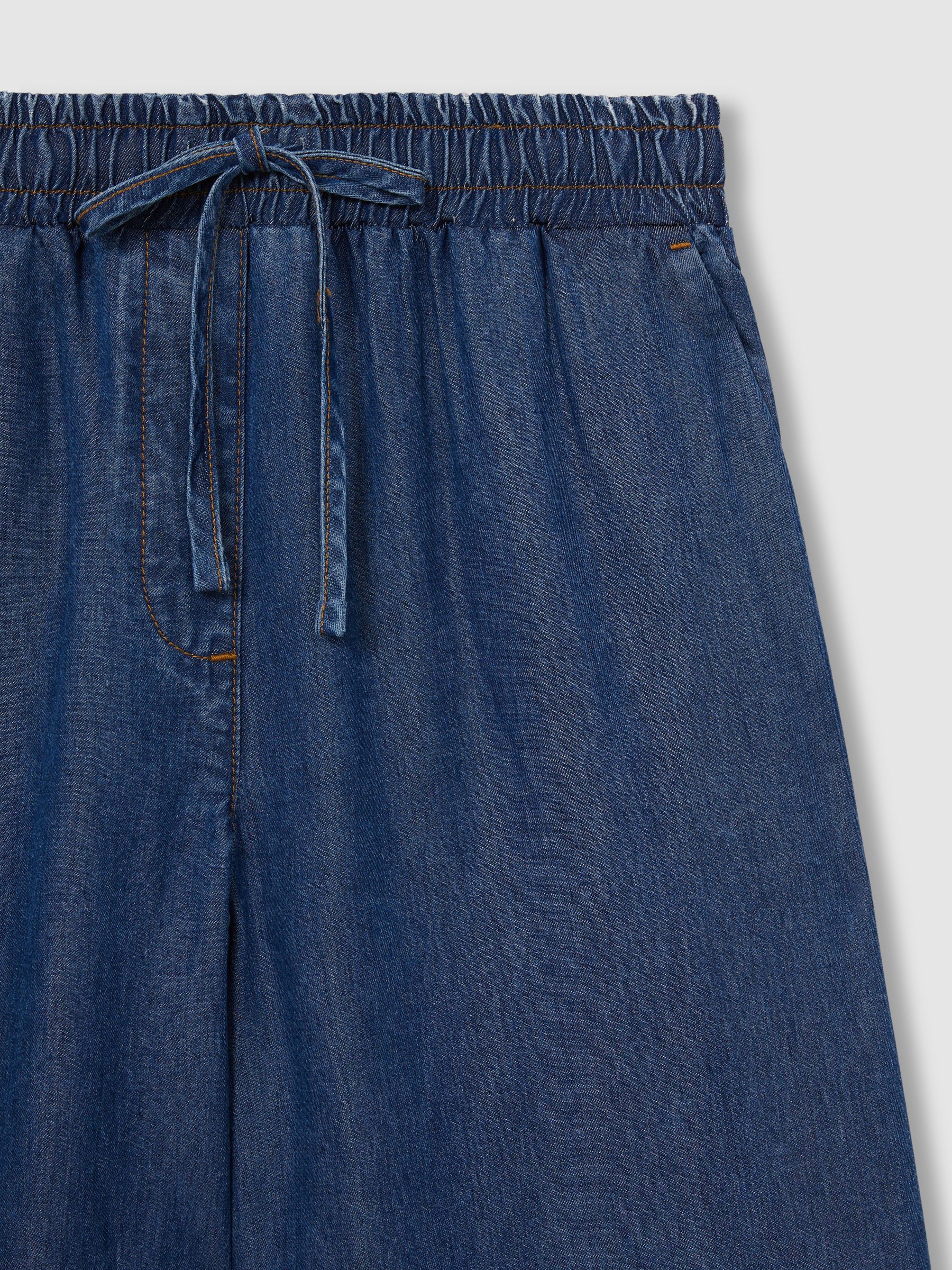 Wide-Leg Chambray Drawstring Trousers in Mid Blue