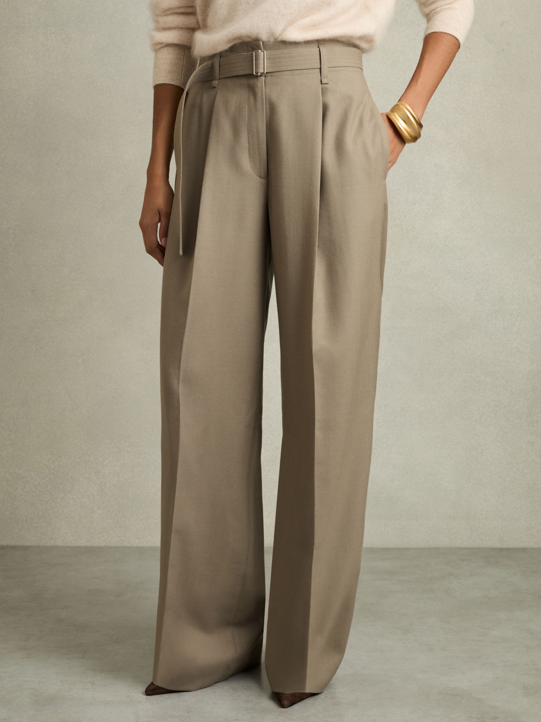 Wool Belted Wide-Leg Trousers in Neutral