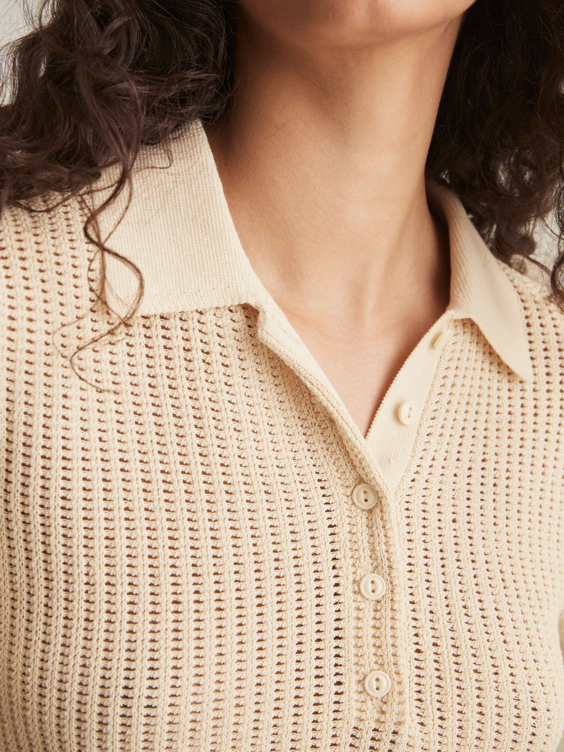 Cotton-Blend Open-Knit Polo Shirt in Ivory