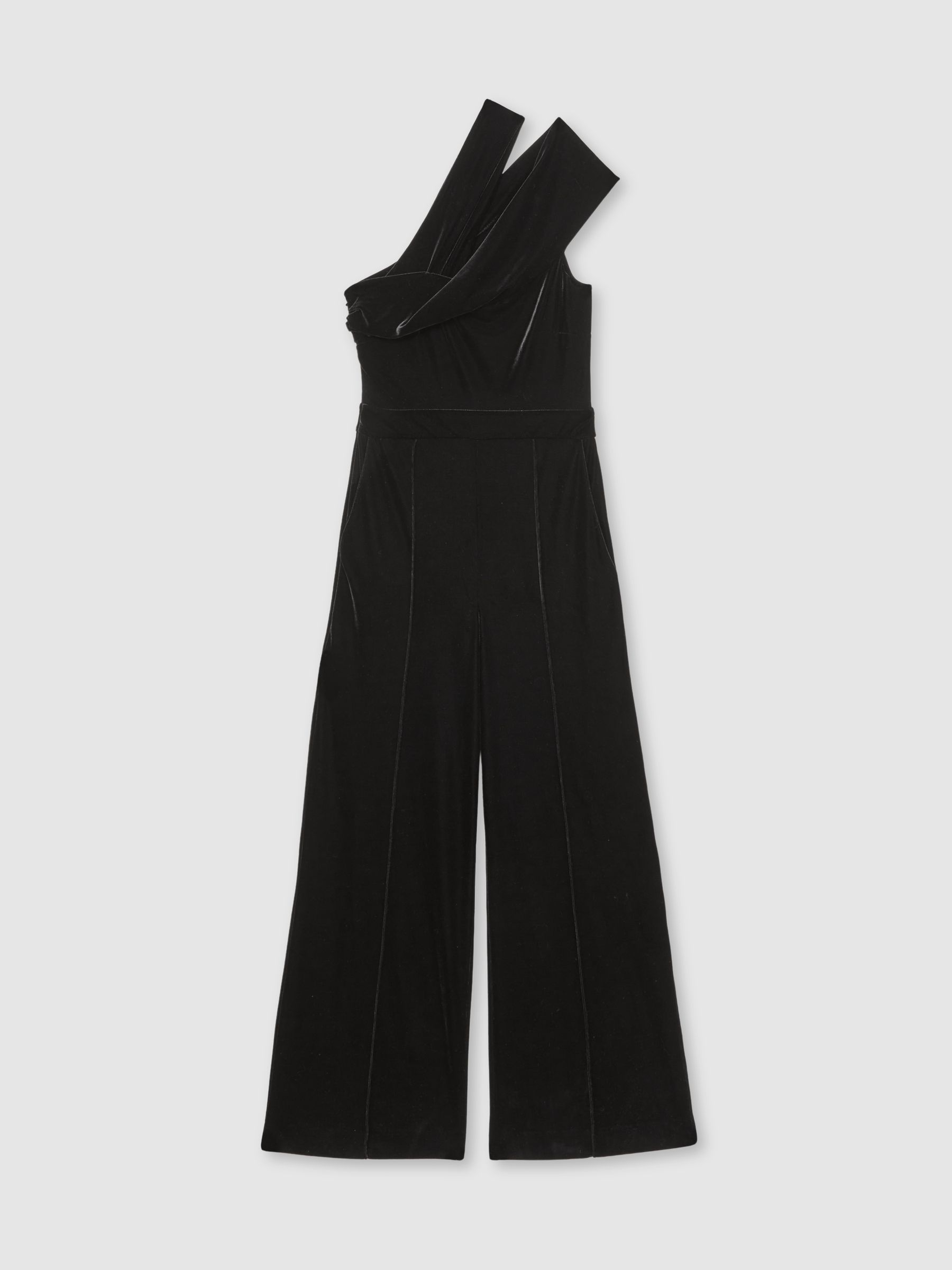 Velvet One-Shoulder Wide-Leg Jumpsuit in Black