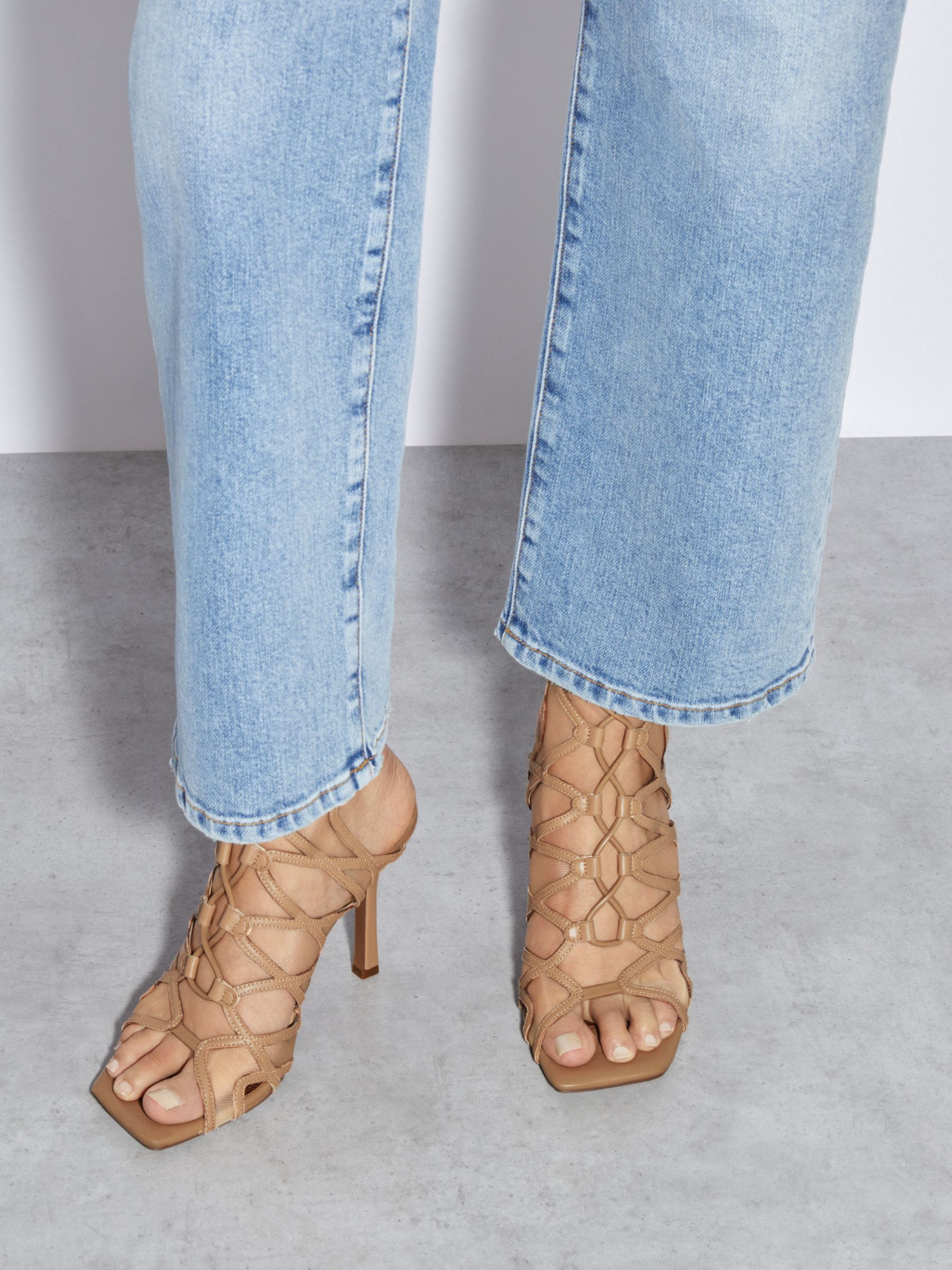 Mesh Leather Strappy Heels in Neutral