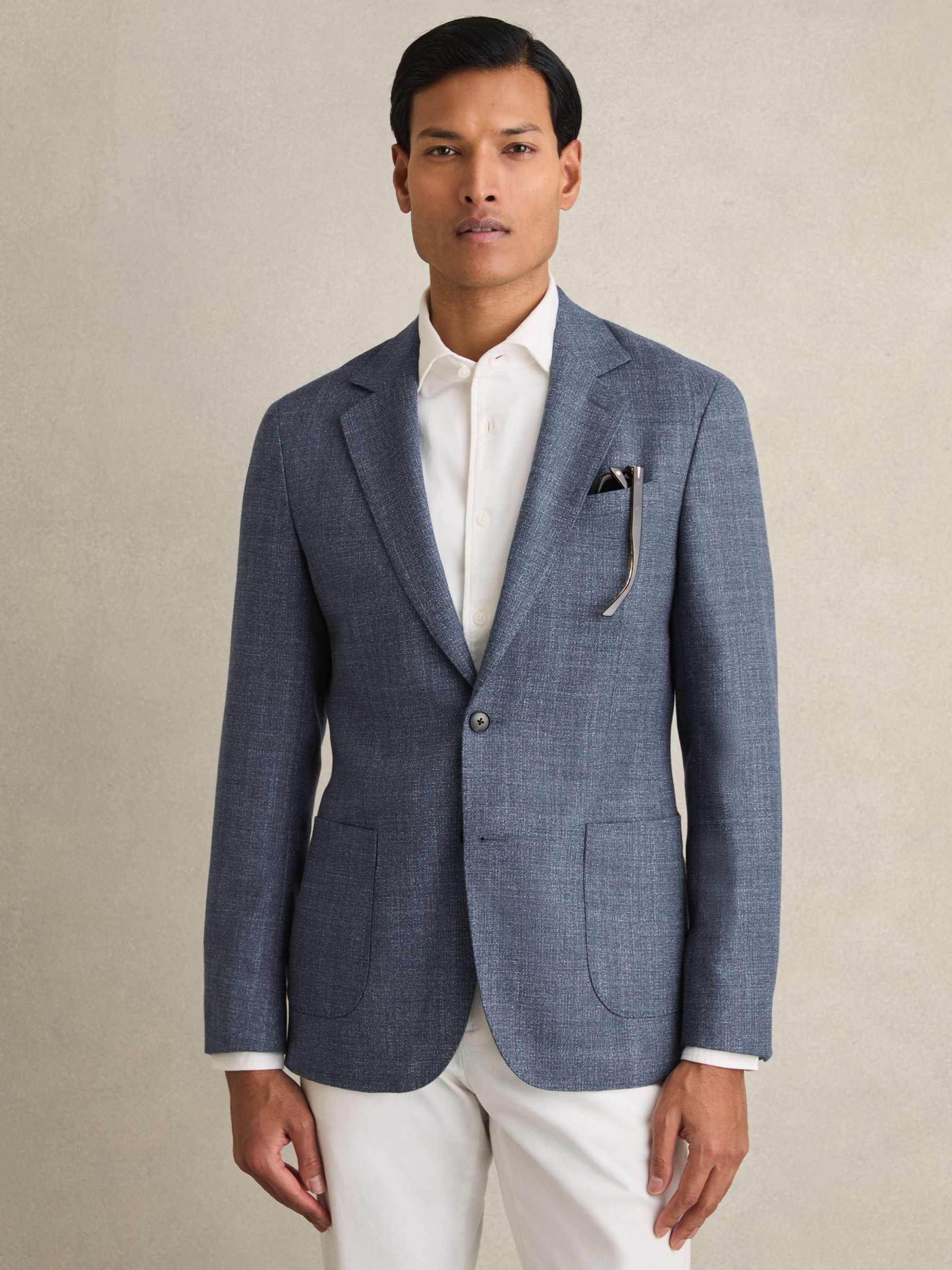 Slim-Fit Single-Breasted Wool-Blend Textured Blazer in Blue