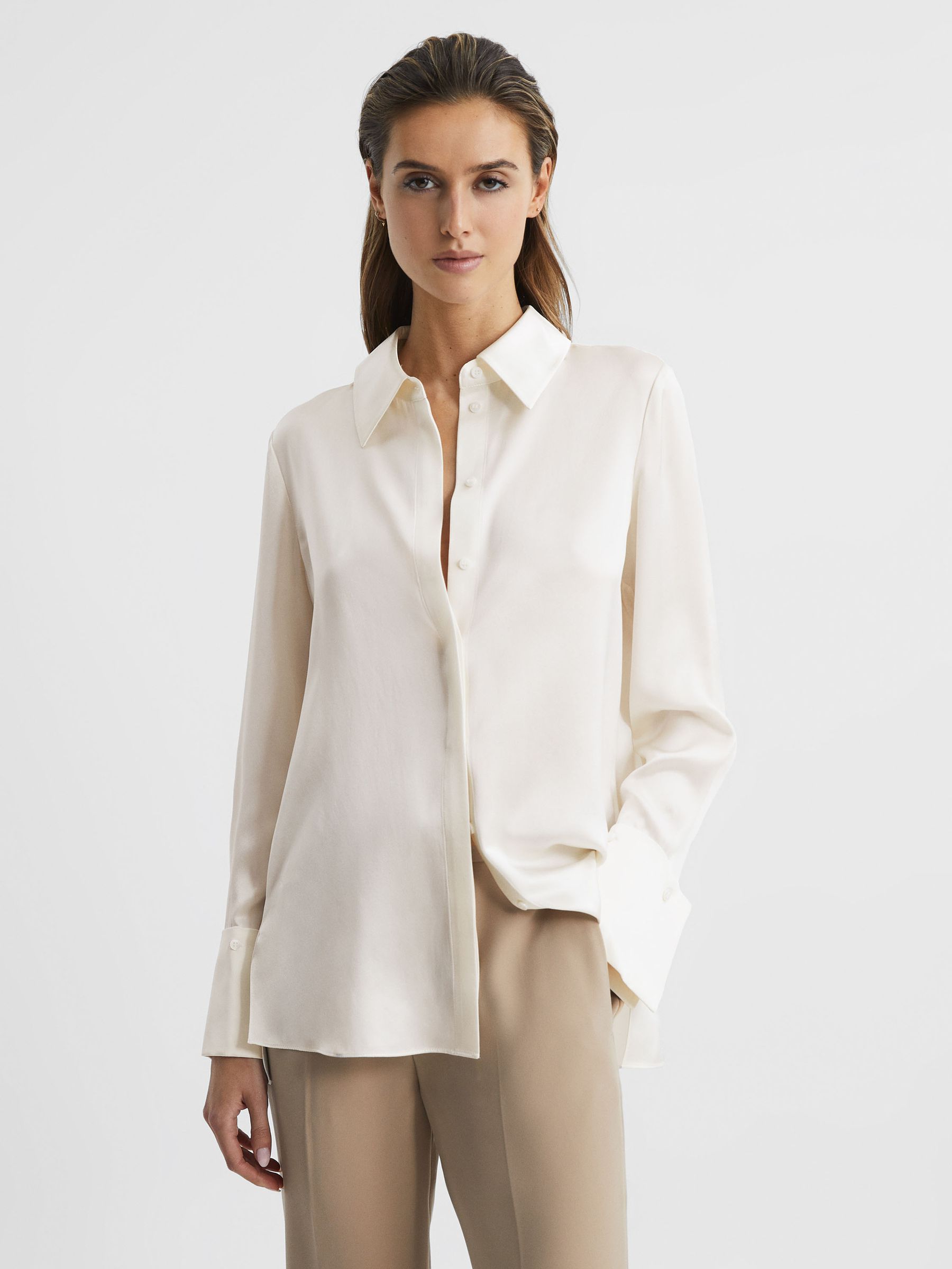 Silk Double-Cuff Button-Through Shirt in Ivory
