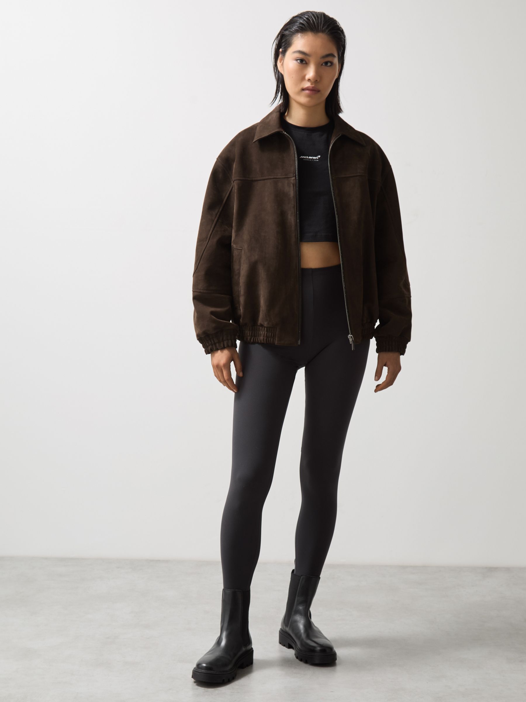 McLaren F1 Team Suede Bomber Jacket in Chocolate Brown