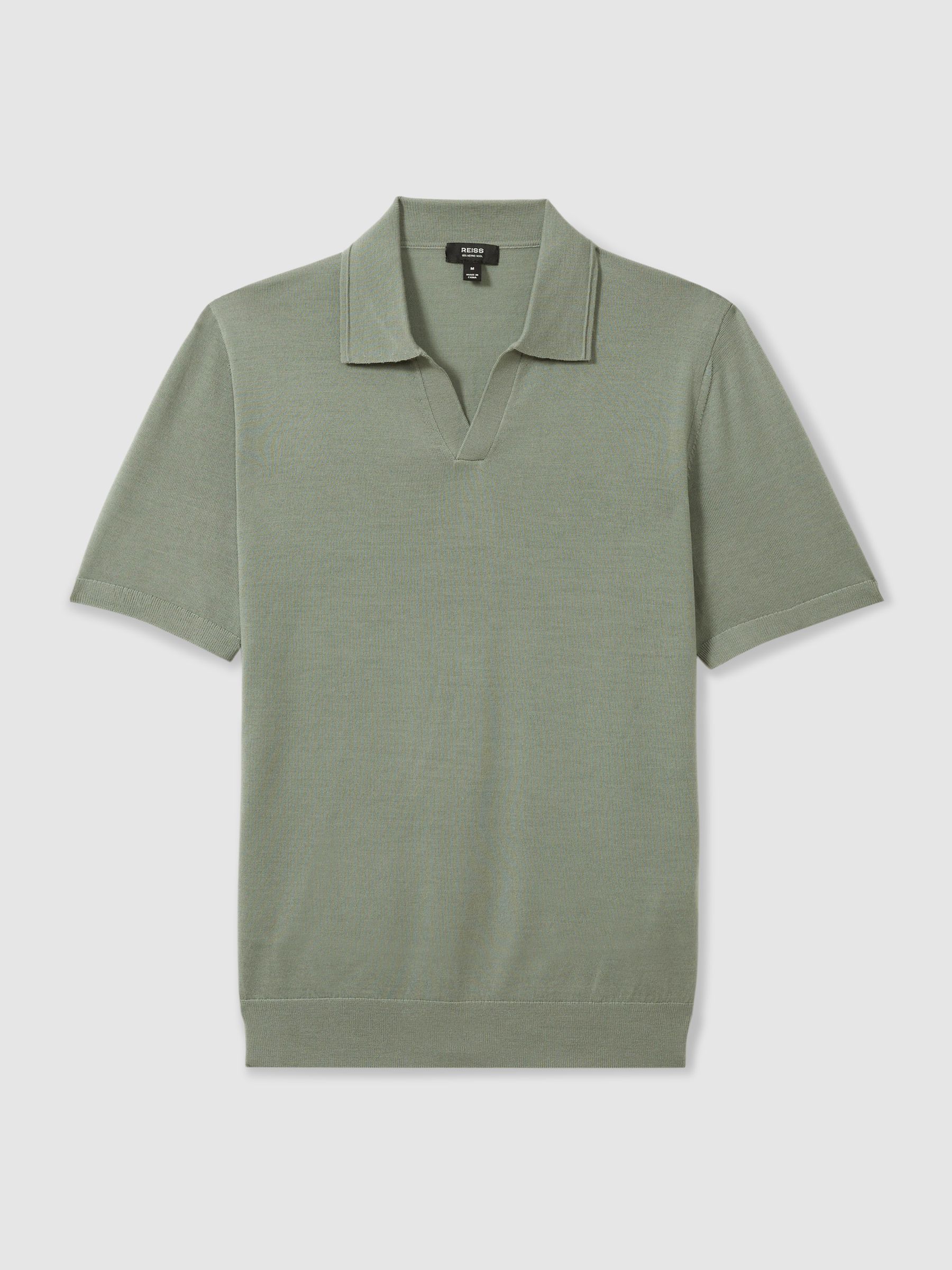 Merino Wool Open Collar Polo Shirt in Herb Green